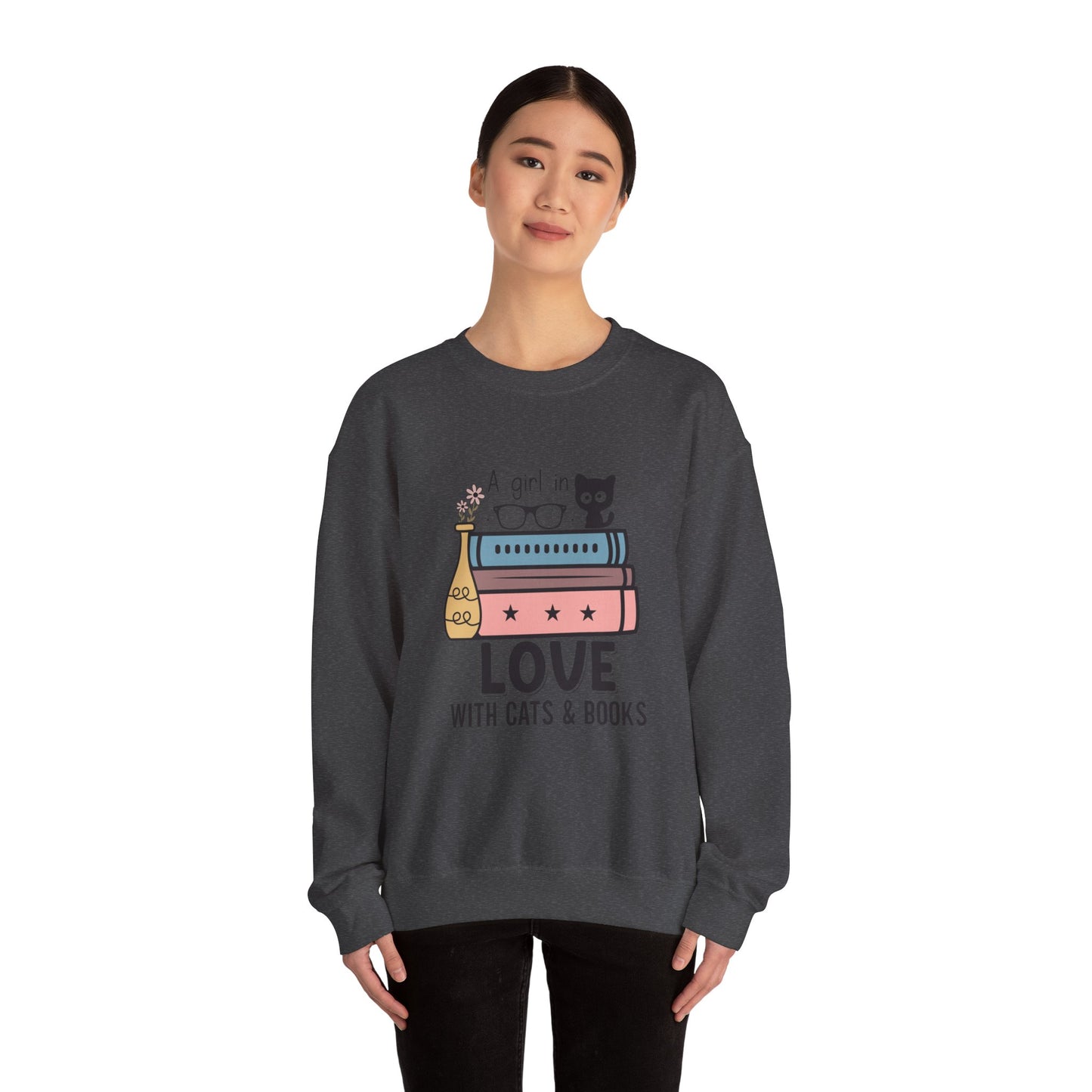 Just a Girl in Love with Cats and Books Unisex Heavy Blend™ Crewneck Sweatshirt - S - 3X sizes