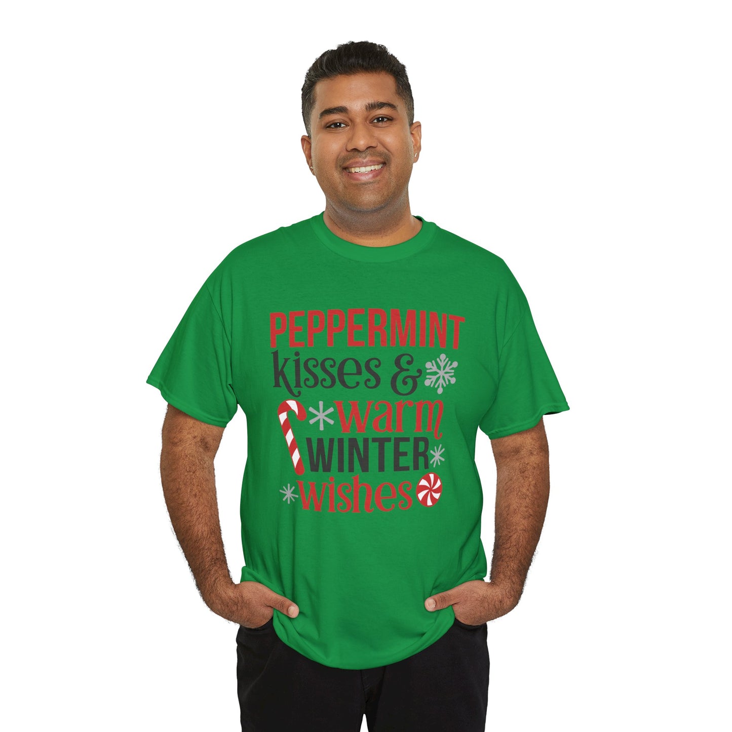Peppermint Kisses and warm Winter wishes Unisex Heavy Cotton T-shirt - Christmas Winter Fun Cute Holiday Tee - sizes S - 3X