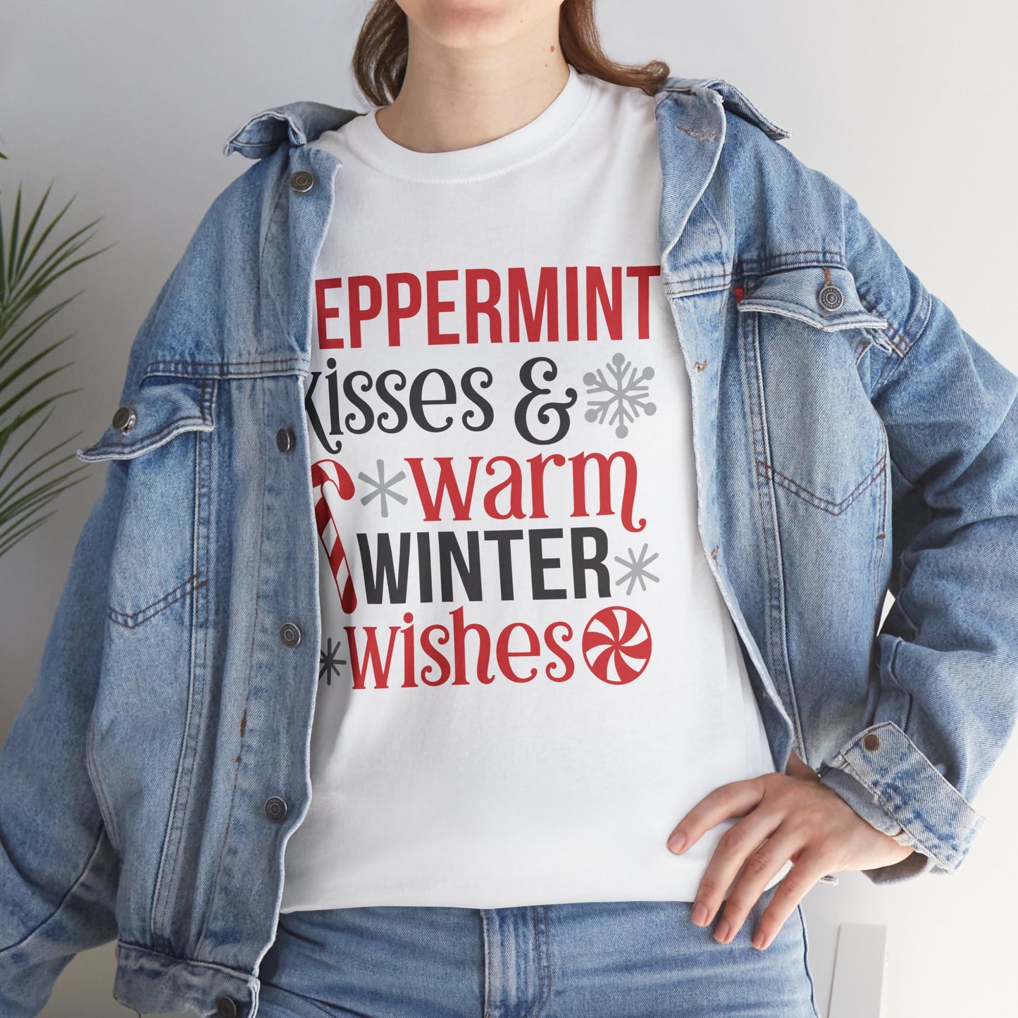 Peppermint Kisses and warm Winter wishes Unisex Heavy Cotton T-shirt - Christmas Winter Fun Cute Holiday Tee - sizes S - 3X