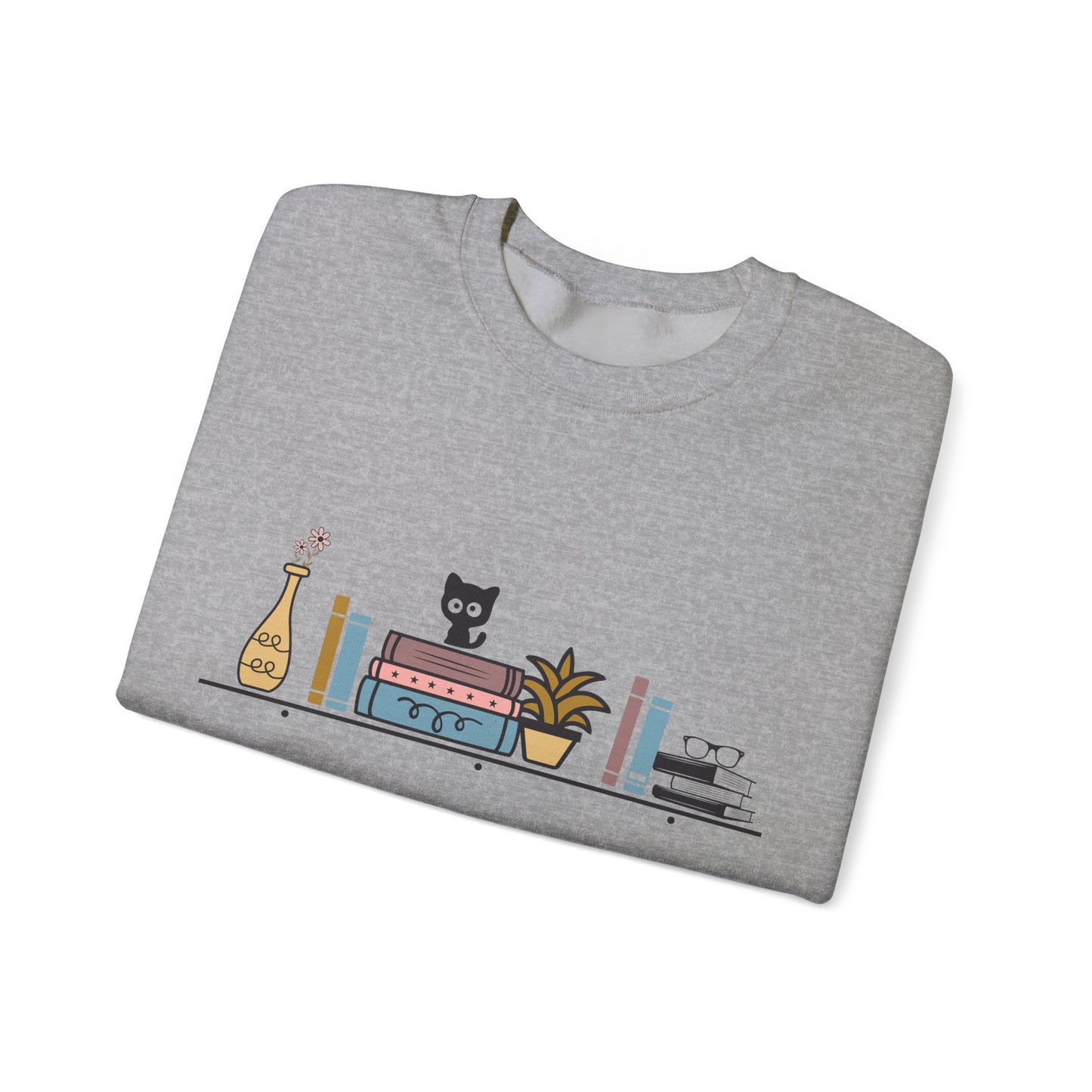 Unisex Heavy Blend™ Crewneck Sweatshirt - Cute cat and books on shelf - sizes S - 5X
