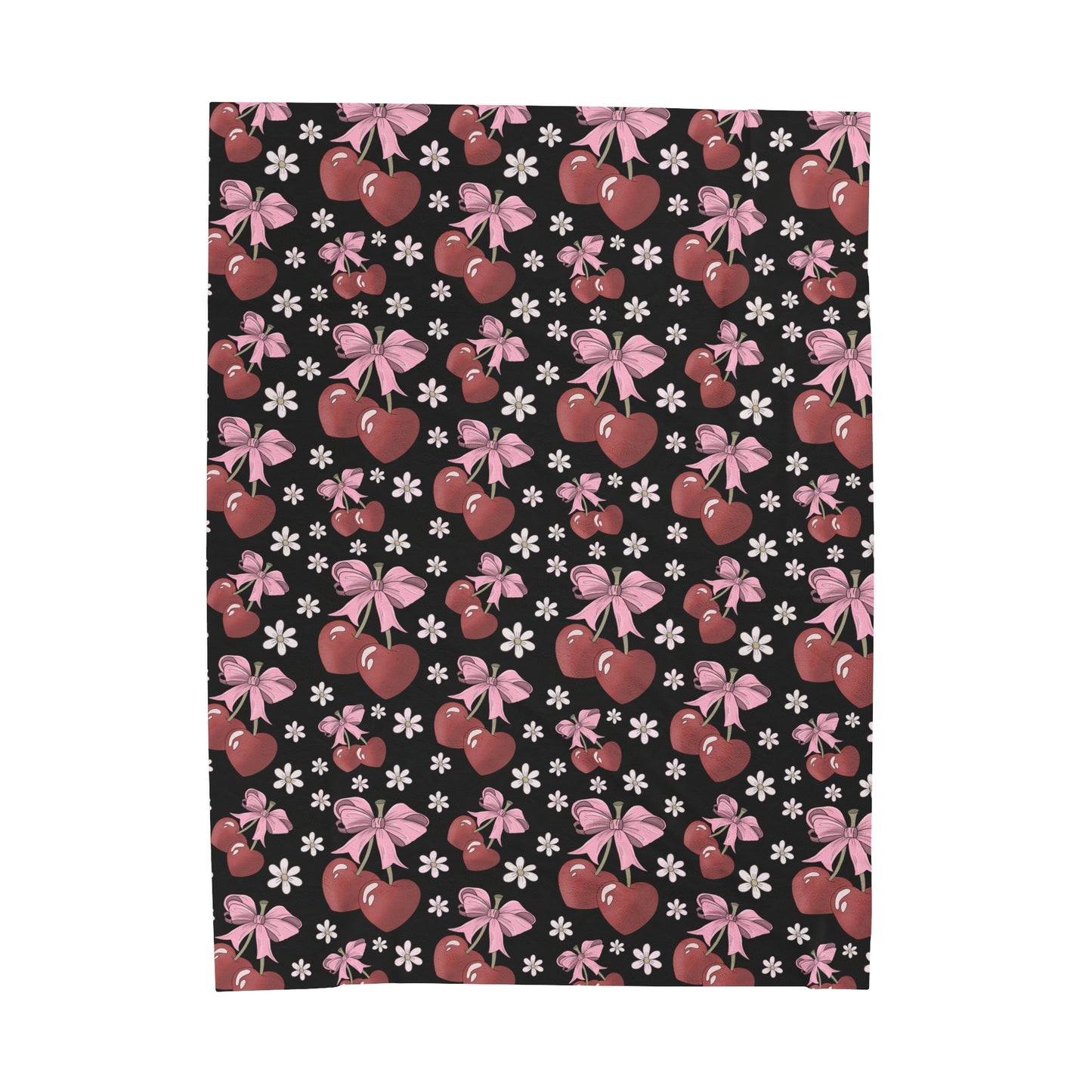 Velveteen Plush Blanket - Heart Cherries & Bows Design - 3 sizes