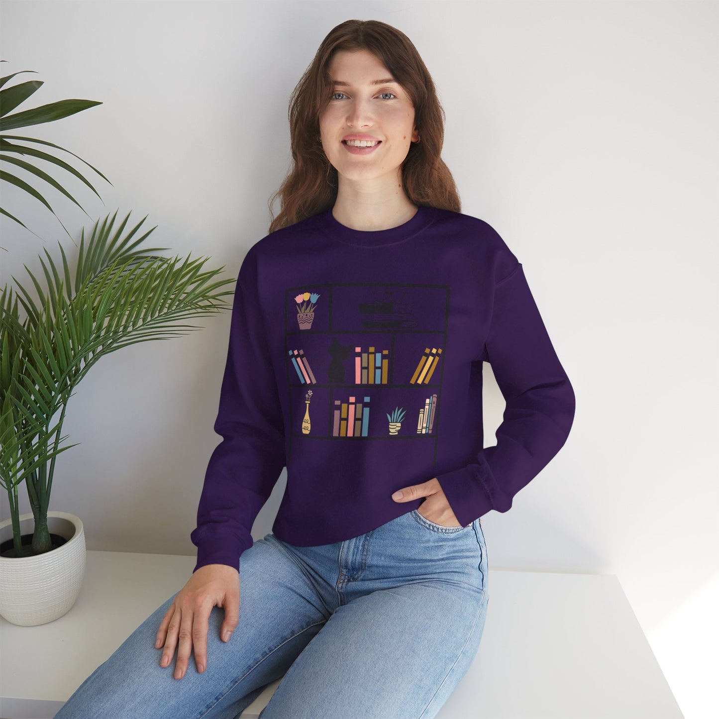 Unisex Heavy Blend™ Crewneck Sweatshirt - cute bookshelf with cat - sizes S - 3X