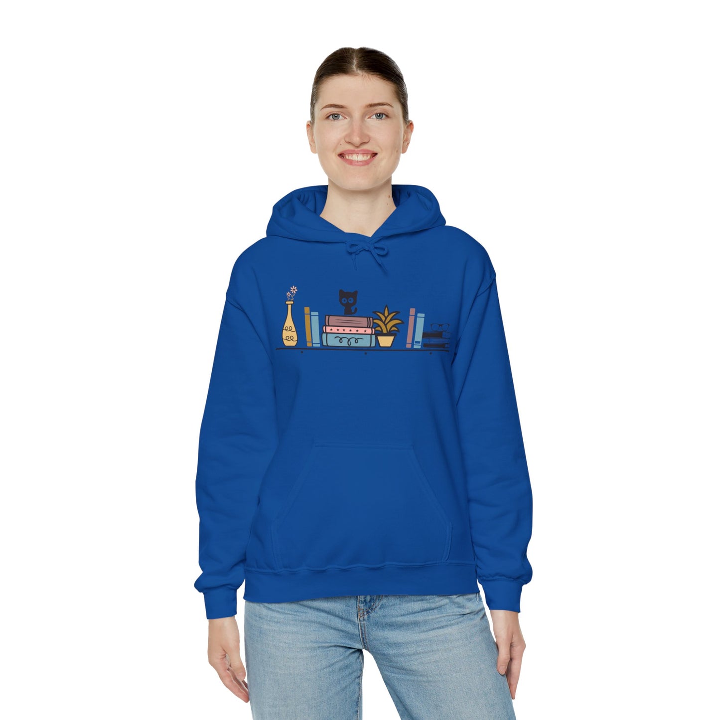 Unisex Heavy Blend™ Hooded Sweatshirt - cut cat sitting on shelf with books - S - 5X