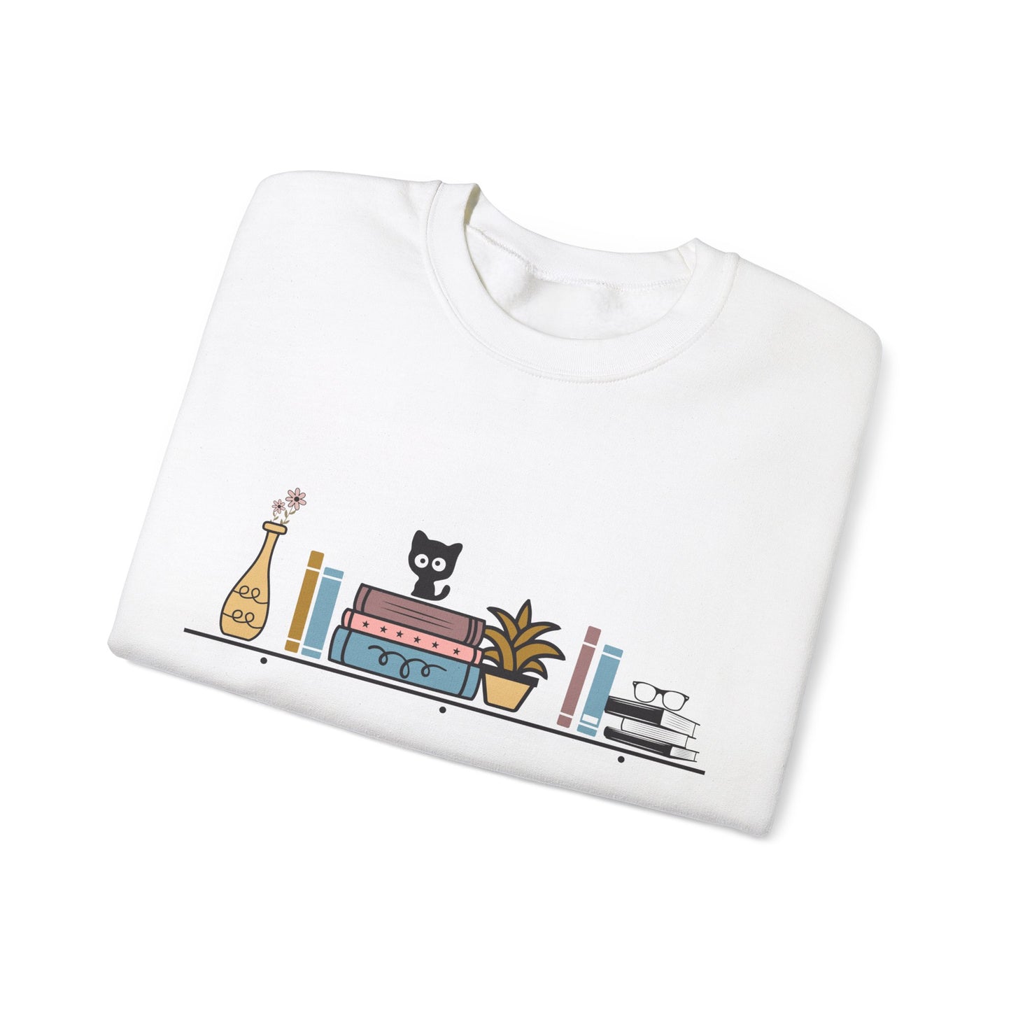 Unisex Heavy Blend™ Crewneck Sweatshirt - Cute cat and books on shelf - sizes S - 5X