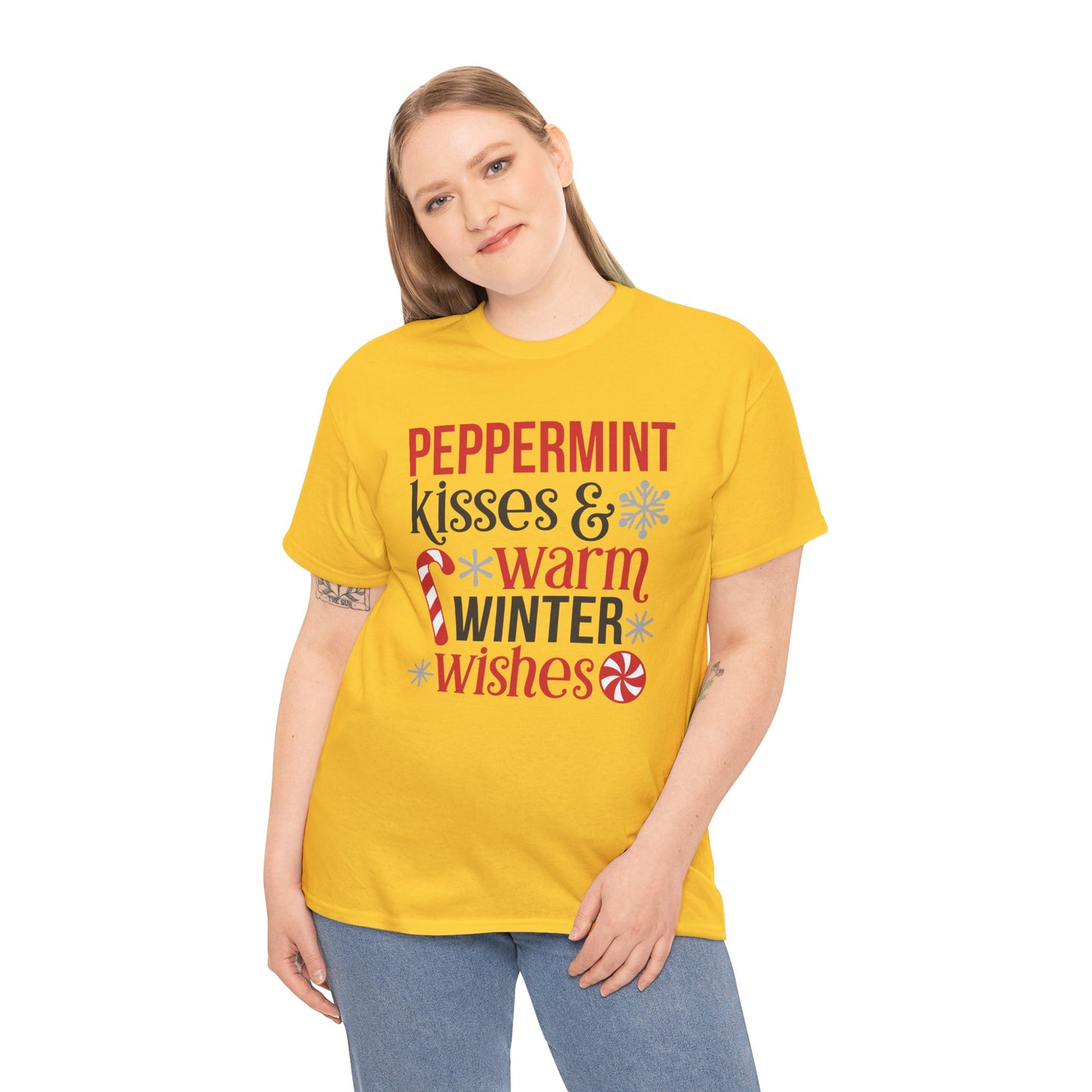 Peppermint Kisses and warm Winter wishes Unisex Heavy Cotton T-shirt - Christmas Winter Fun Cute Holiday Tee - sizes S - 3X