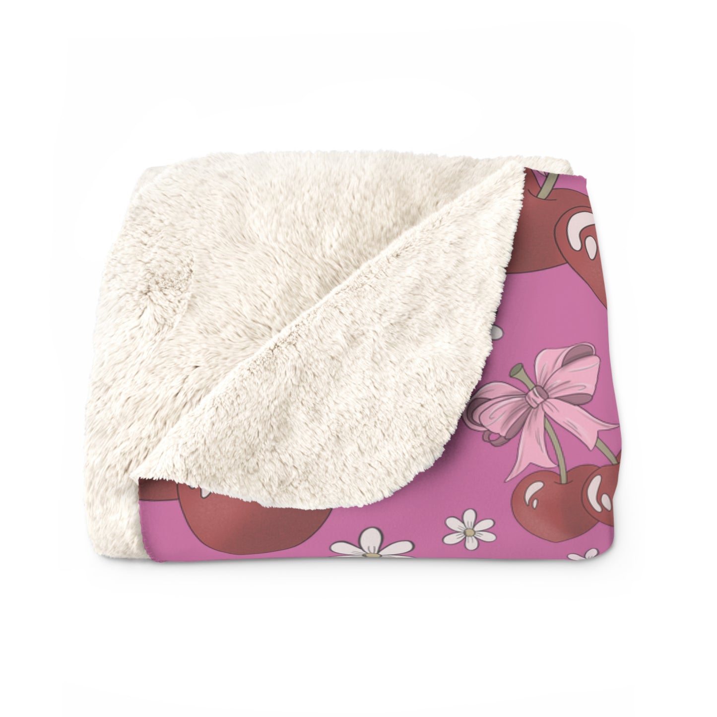 Sherpa Fleece Blanket, Heart Shaped Cherries and Bows, Warm and Cozy - 2 sizes