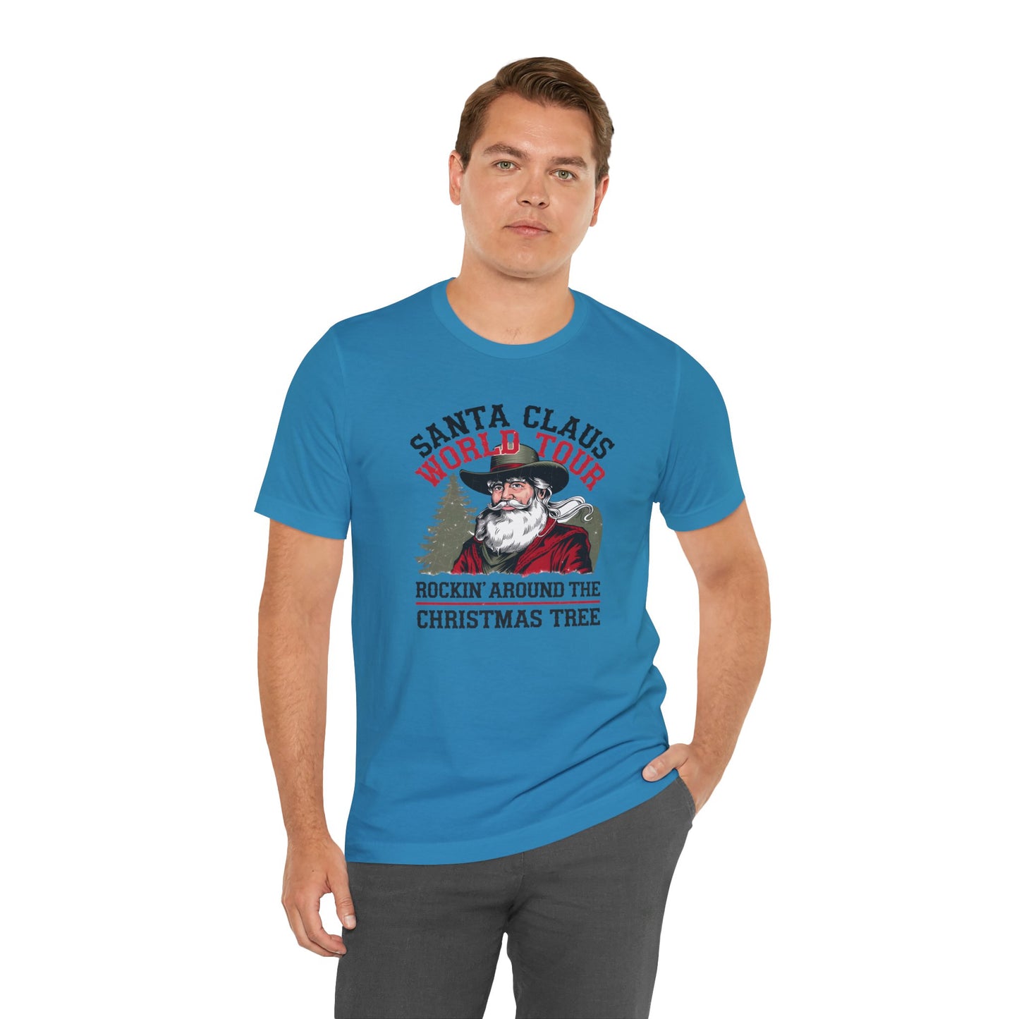 Santa's World Tour Rocking around the Christmas Tree Unisex Jersey Short Sleeve Tee - sizes S - 3X