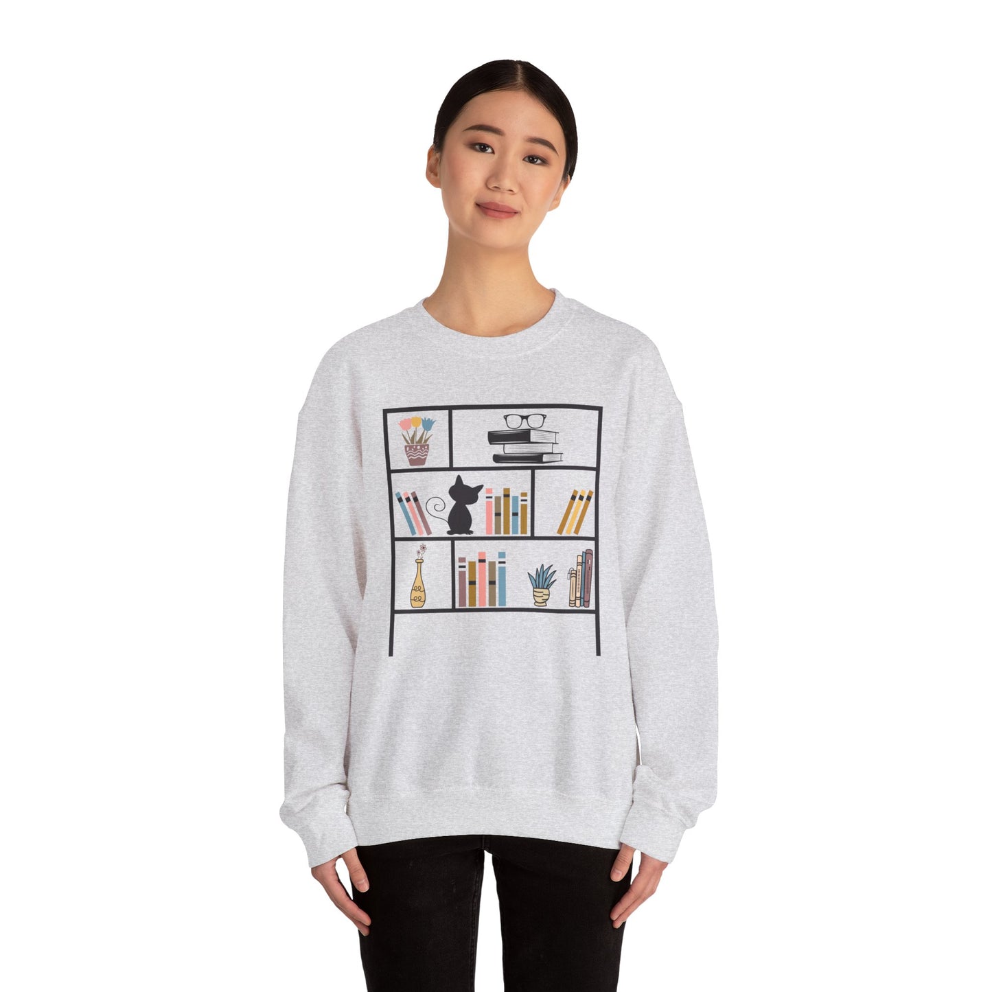 Unisex Heavy Blend™ Crewneck Sweatshirt - cute bookshelf with cat - sizes S - 3X