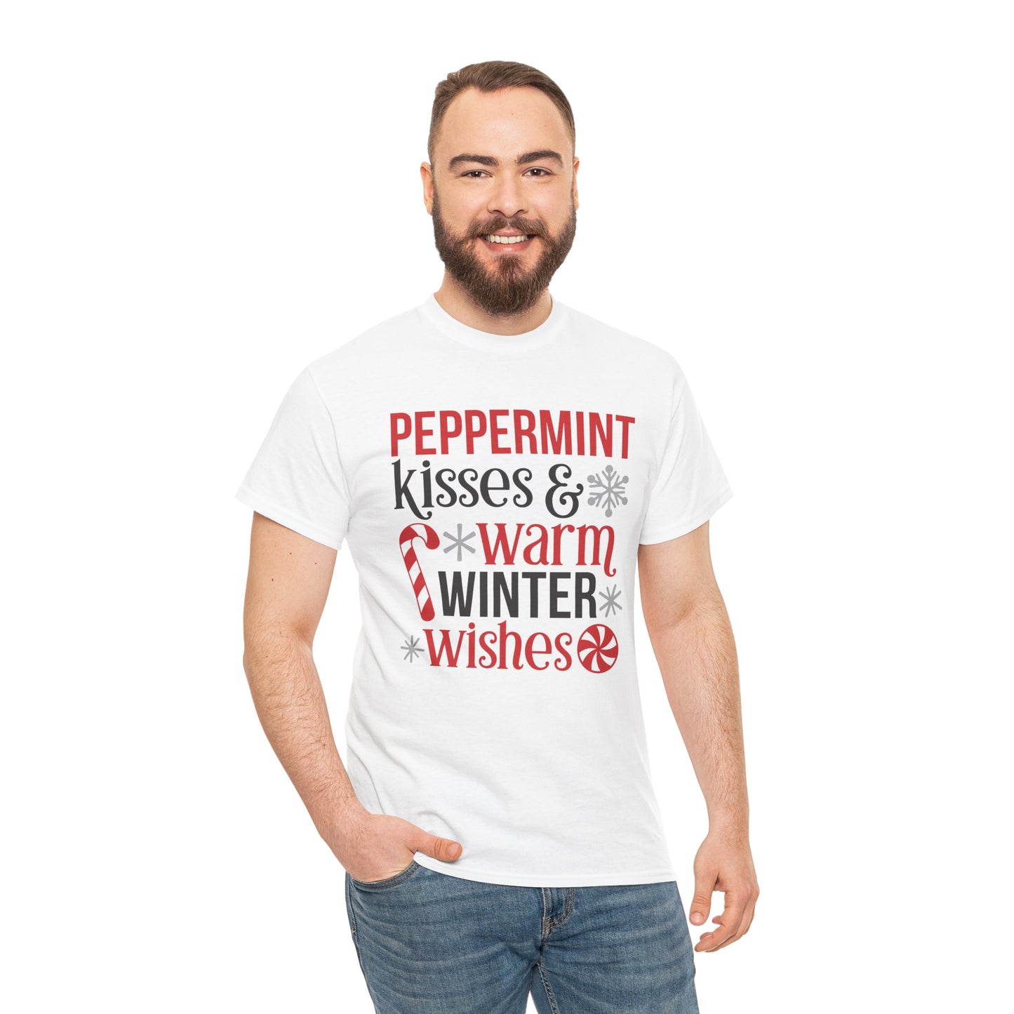 Peppermint Kisses and warm Winter wishes Unisex Heavy Cotton T-shirt - Christmas Winter Fun Cute Holiday Tee - sizes S - 3X