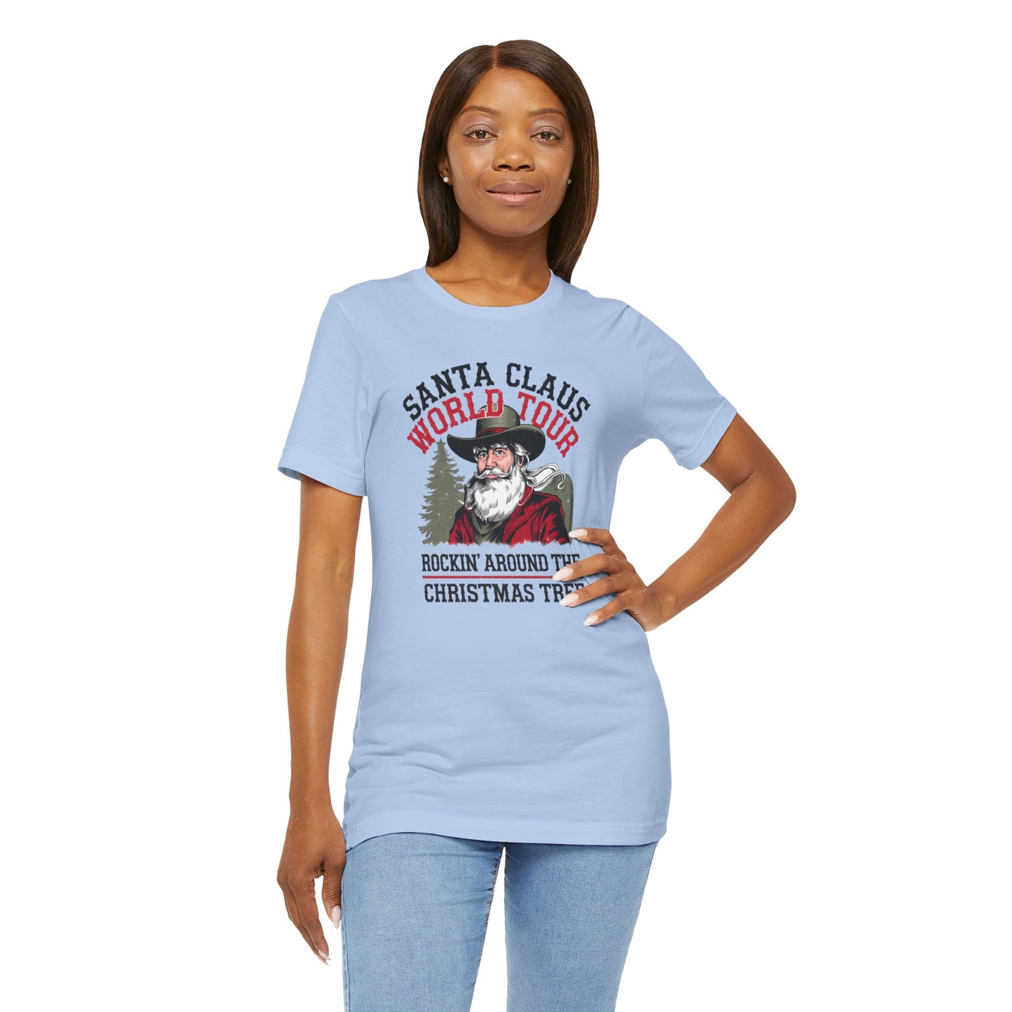 Santa's World Tour Rocking around the Christmas Tree Unisex Jersey Short Sleeve Tee - sizes S - 3X