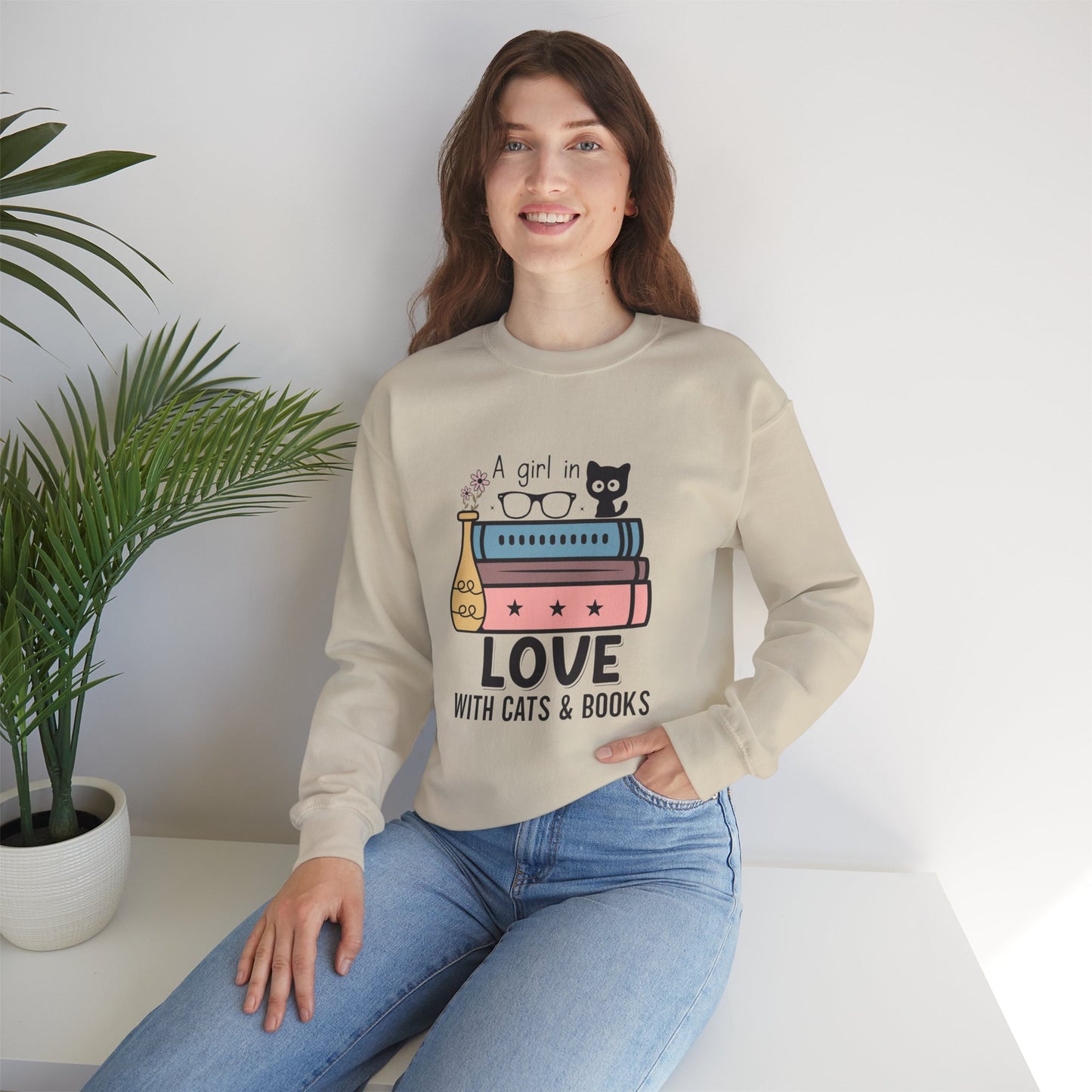 Just a Girl in Love with Cats and Books Unisex Heavy Blend™ Crewneck Sweatshirt - S - 3X sizes
