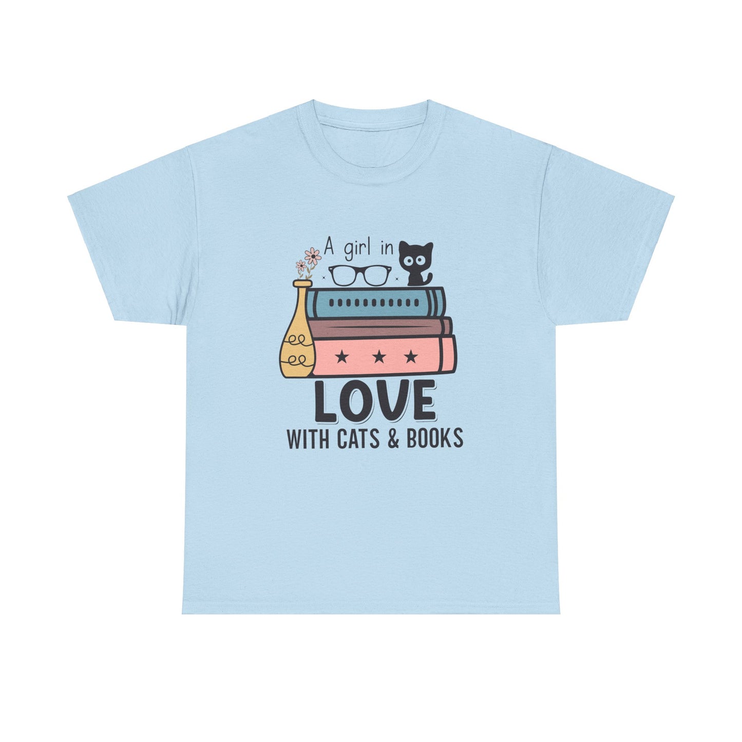 A Girl in Love with Cats and Books Unisex Heavy Cotton Tee