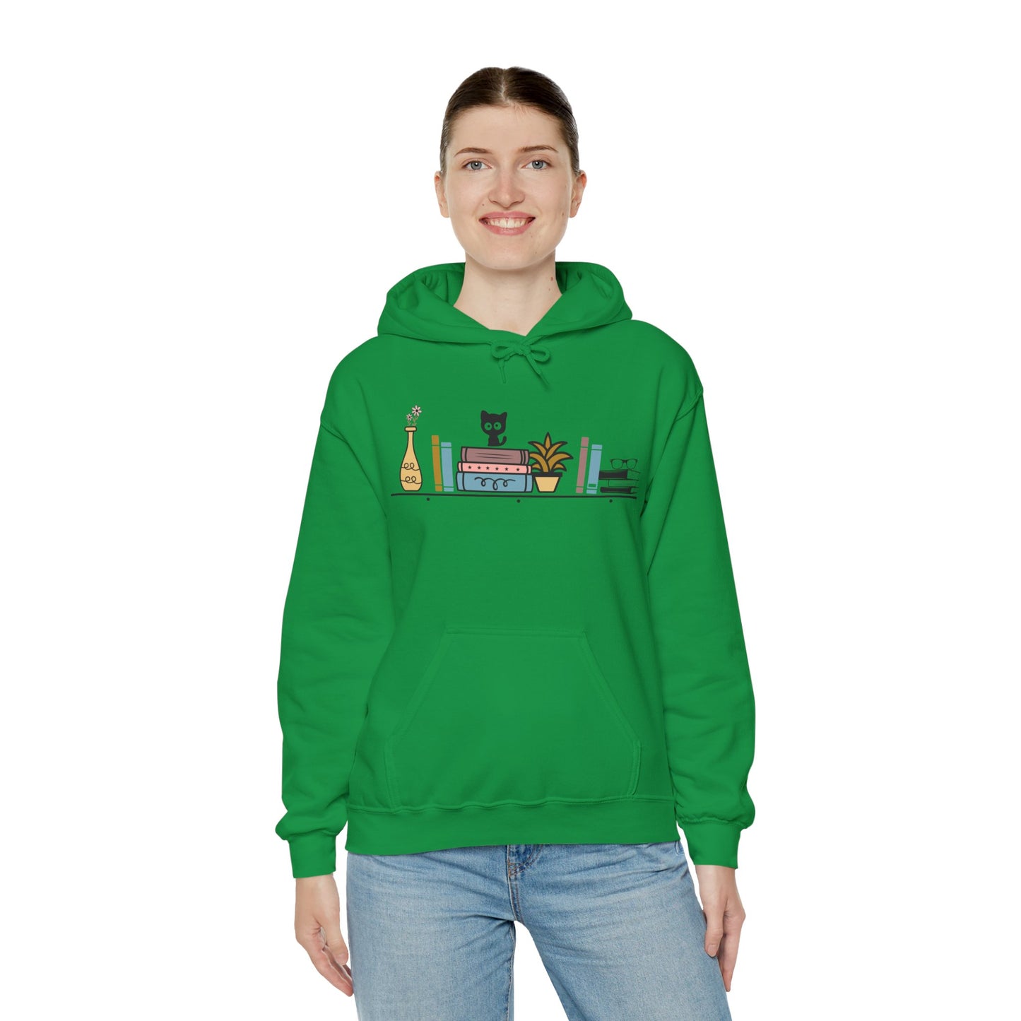 Unisex Heavy Blend™ Hooded Sweatshirt - cut cat sitting on shelf with books - S - 5X