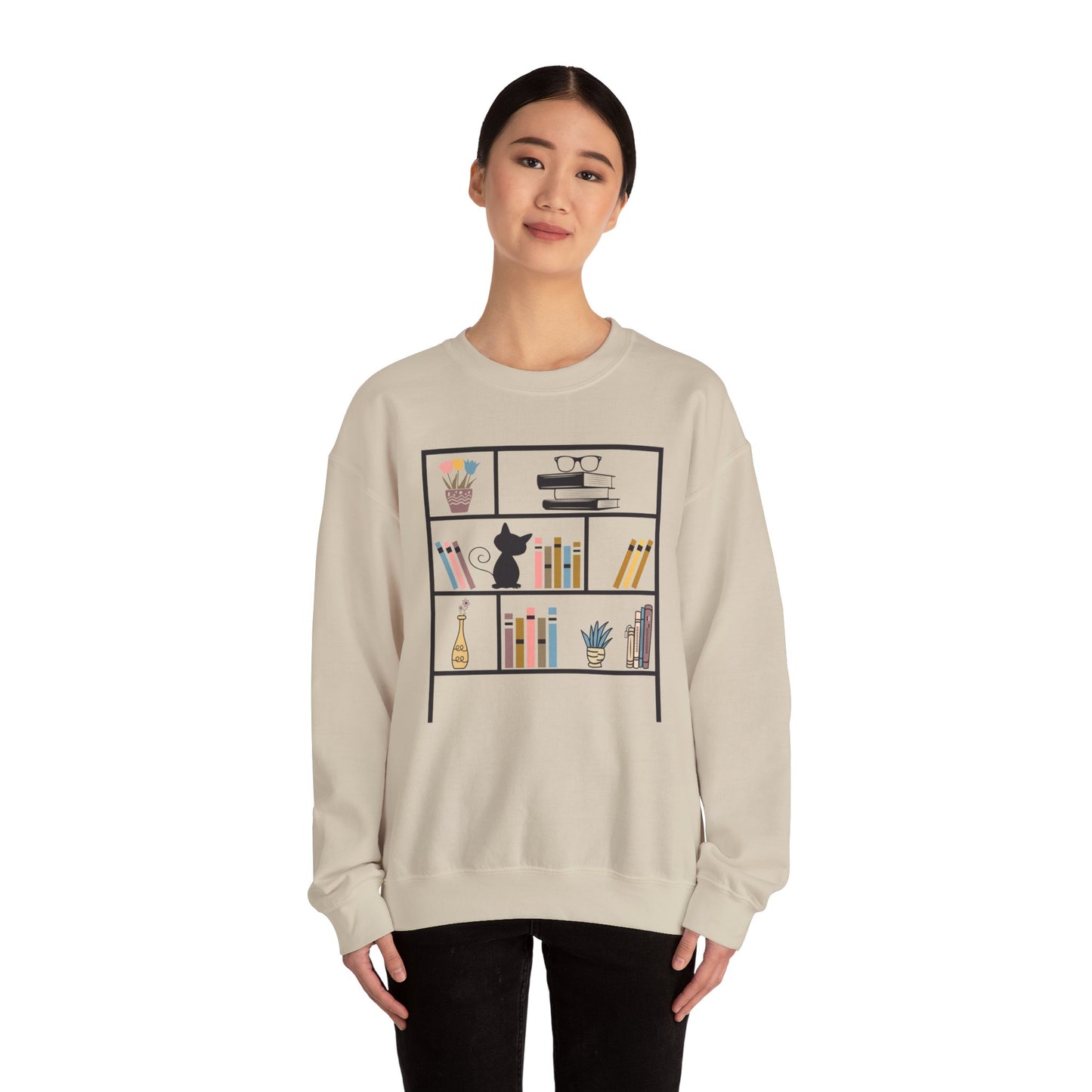 Unisex Heavy Blend™ Crewneck Sweatshirt - cute bookshelf with cat - sizes S - 3X