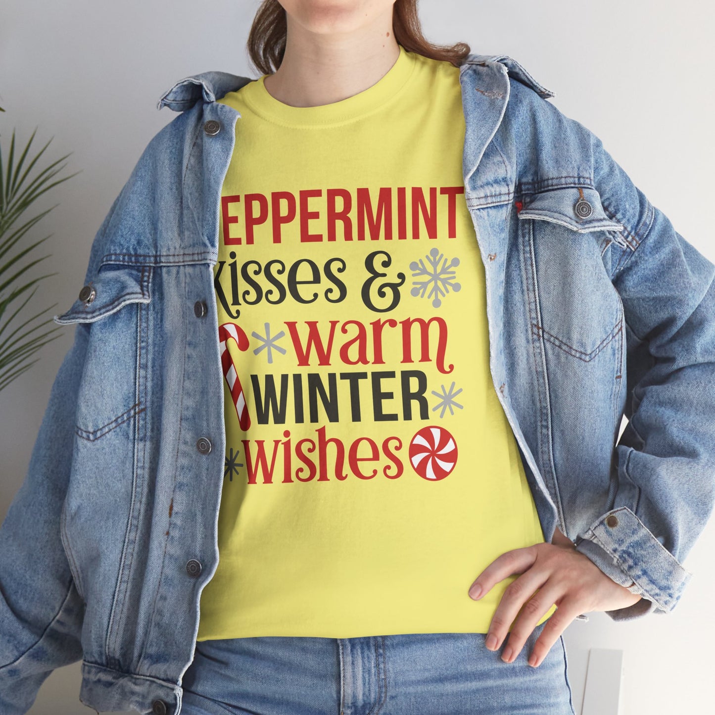 Peppermint Kisses and warm Winter wishes Unisex Heavy Cotton T-shirt - Christmas Winter Fun Cute Holiday Tee - sizes S - 3X