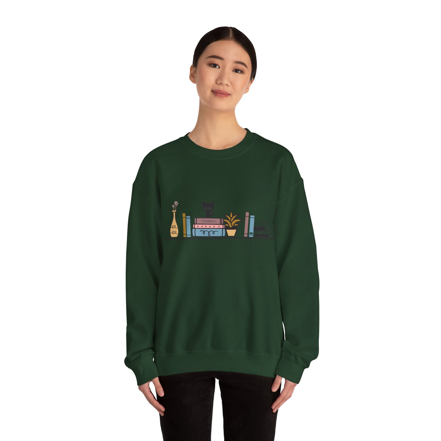 Unisex Heavy Blend™ Crewneck Sweatshirt - Cute cat and books on shelf - sizes S - 5X