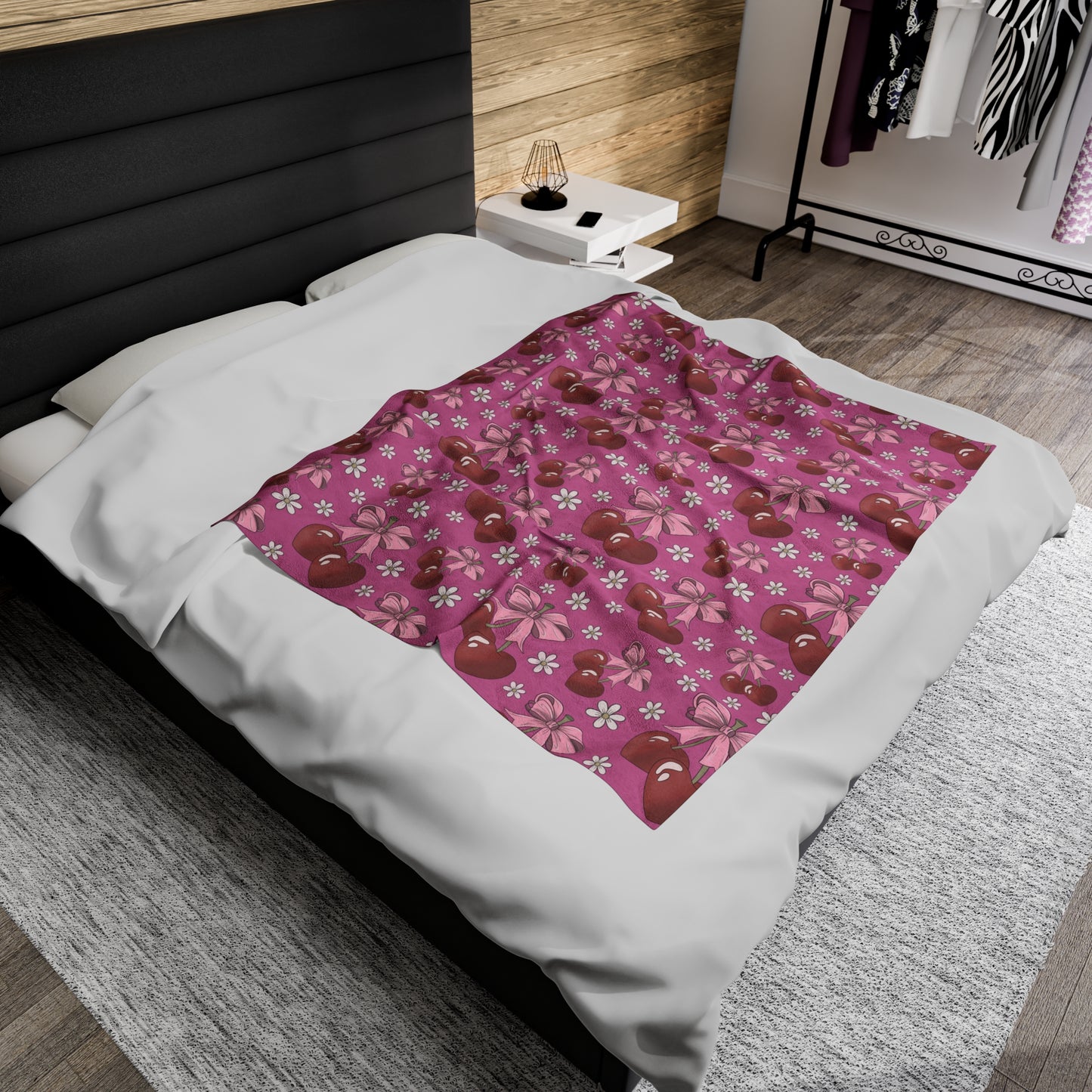 Velveteen Plush Blanket - Heart Cherries & Bows Design - 3 sizes