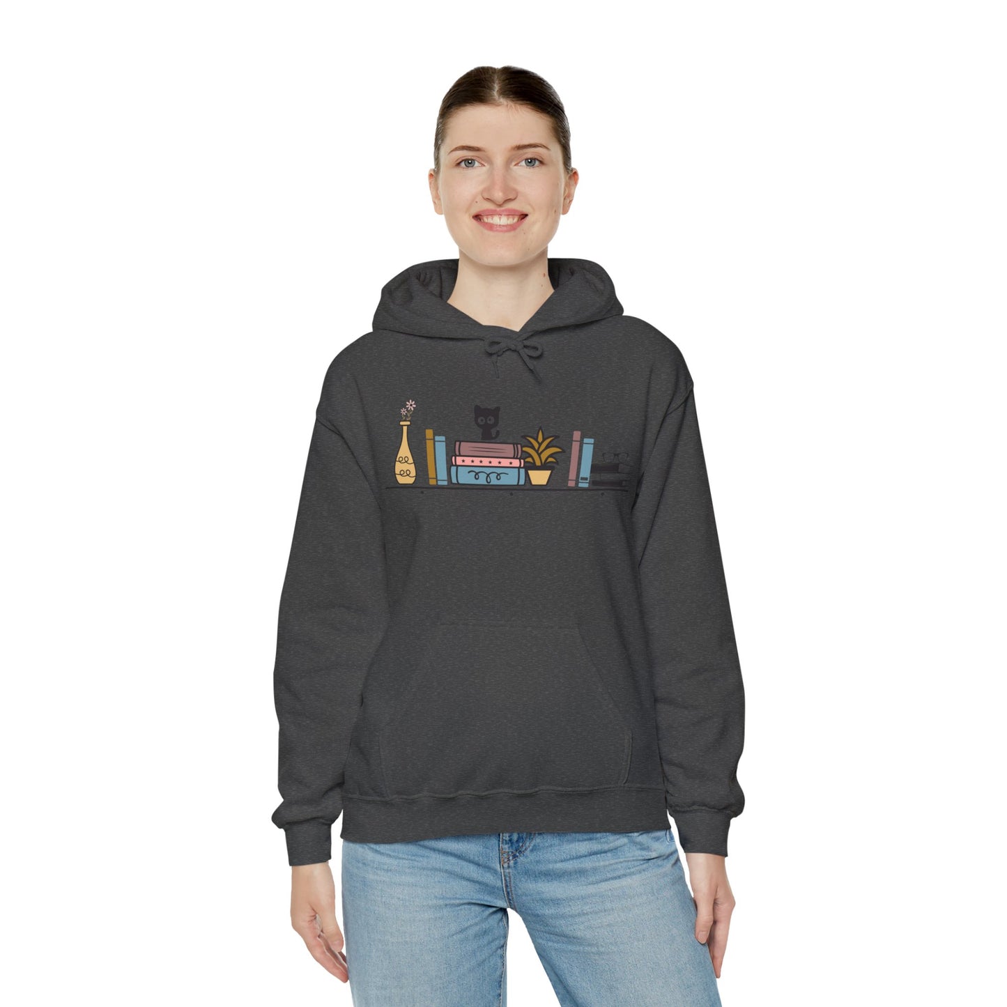 Unisex Heavy Blend™ Hooded Sweatshirt - cut cat sitting on shelf with books - S - 5X