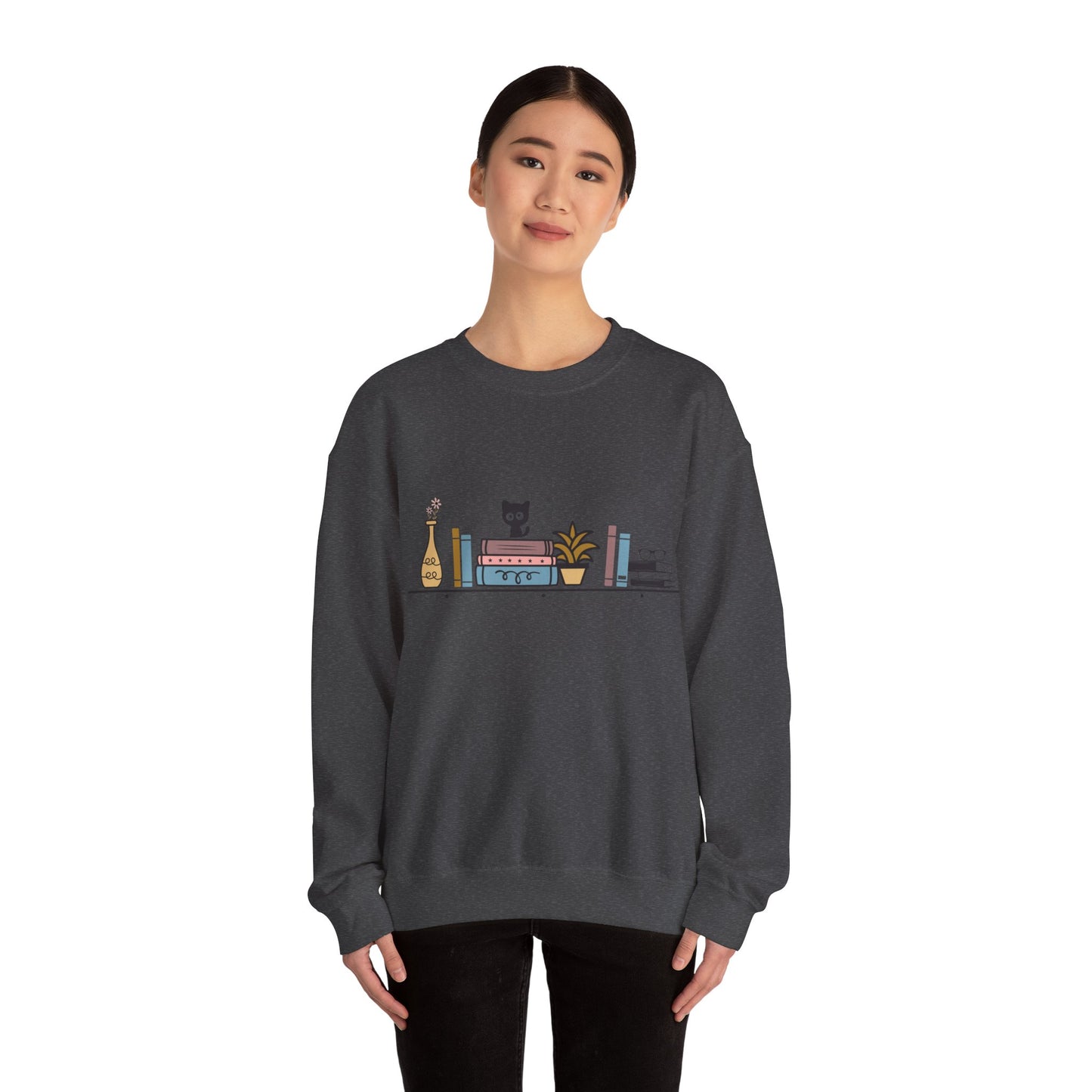 Unisex Heavy Blend™ Crewneck Sweatshirt - Cute cat and books on shelf - sizes S - 5X