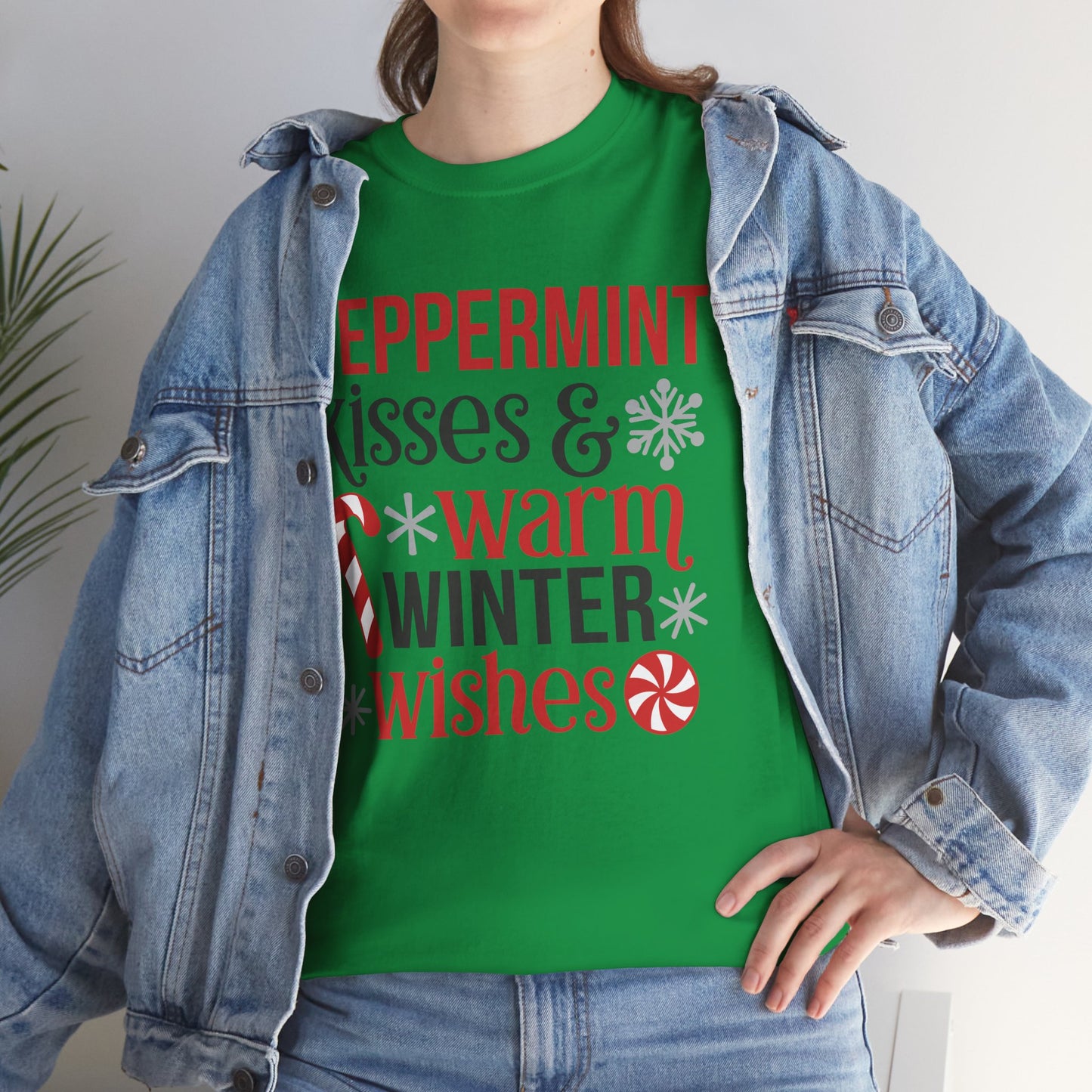 Peppermint Kisses and warm Winter wishes Unisex Heavy Cotton T-shirt - Christmas Winter Fun Cute Holiday Tee - sizes S - 3X