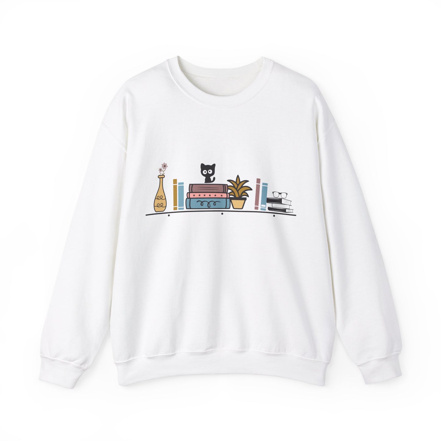 Unisex Heavy Blend™ Crewneck Sweatshirt - Cute cat and books on shelf - sizes S - 5X