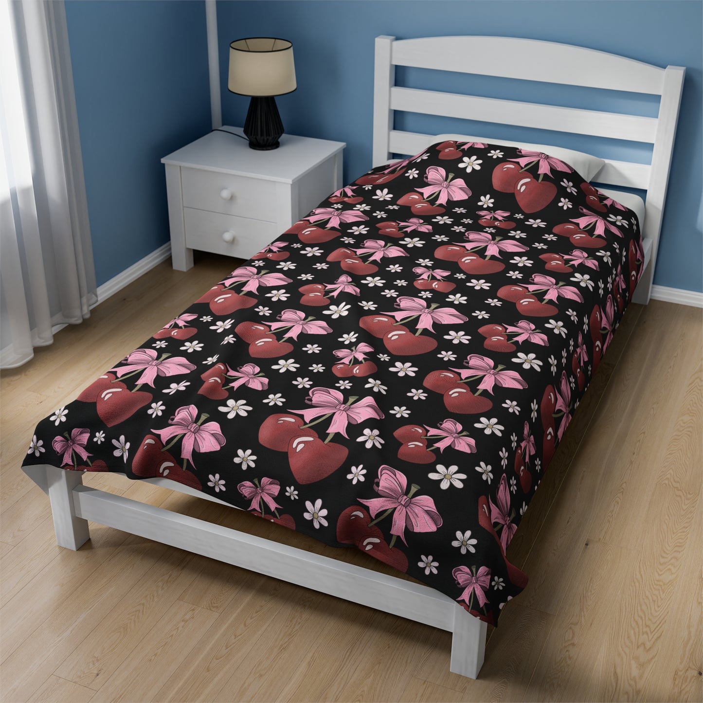 Velveteen Plush Blanket - Heart Cherries & Bows Design - 3 sizes