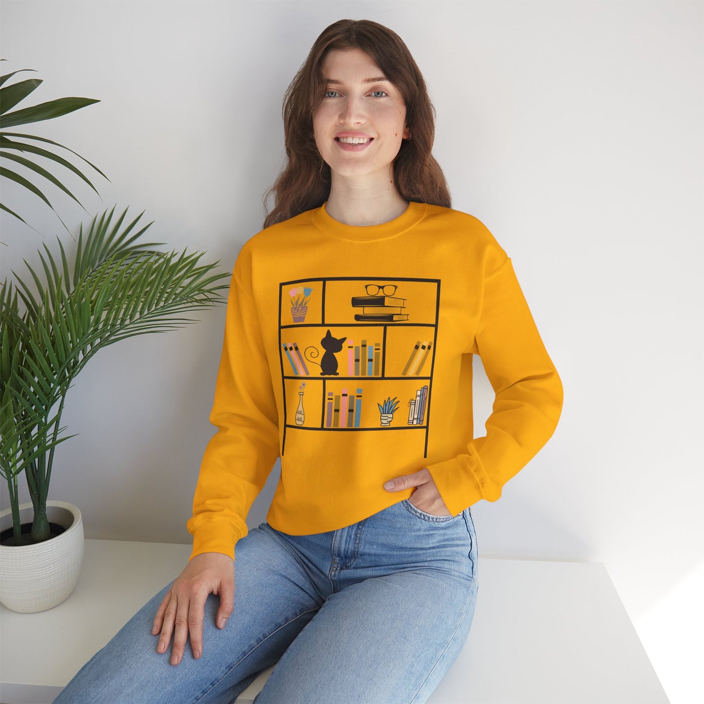 Unisex Heavy Blend™ Crewneck Sweatshirt - cute bookshelf with cat - sizes S - 3X