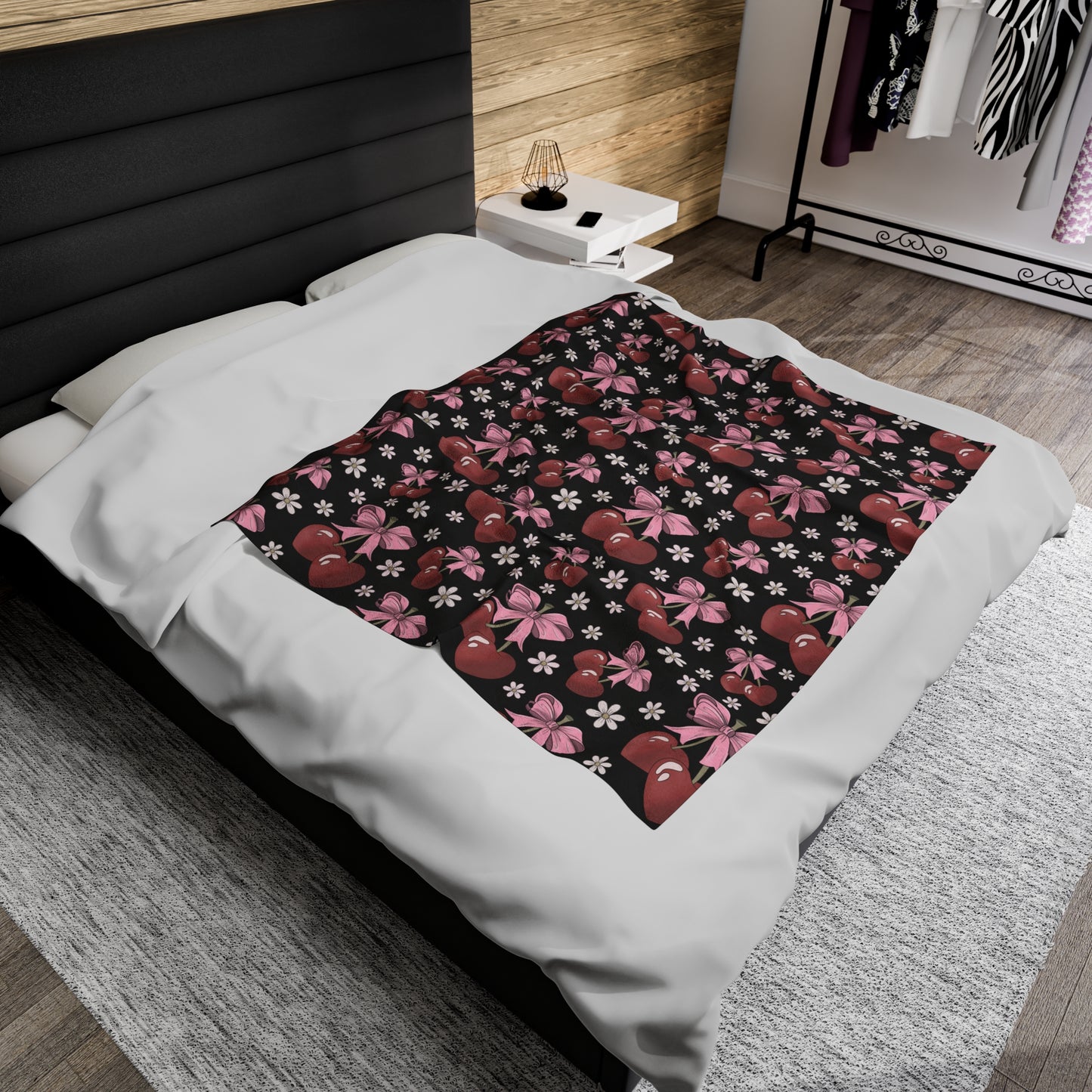 Velveteen Plush Blanket - Heart Cherries & Bows Design - 3 sizes