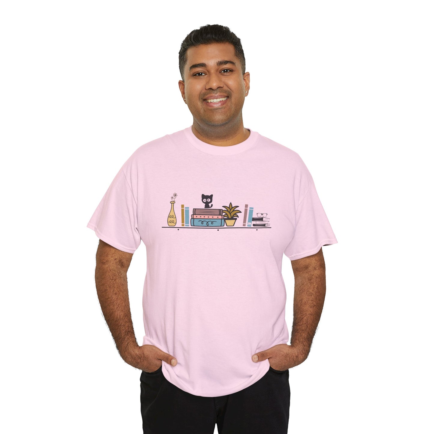 Unisex Heavy Cotton Tee - Cute cat and books on a shelf - sizes S - 5X