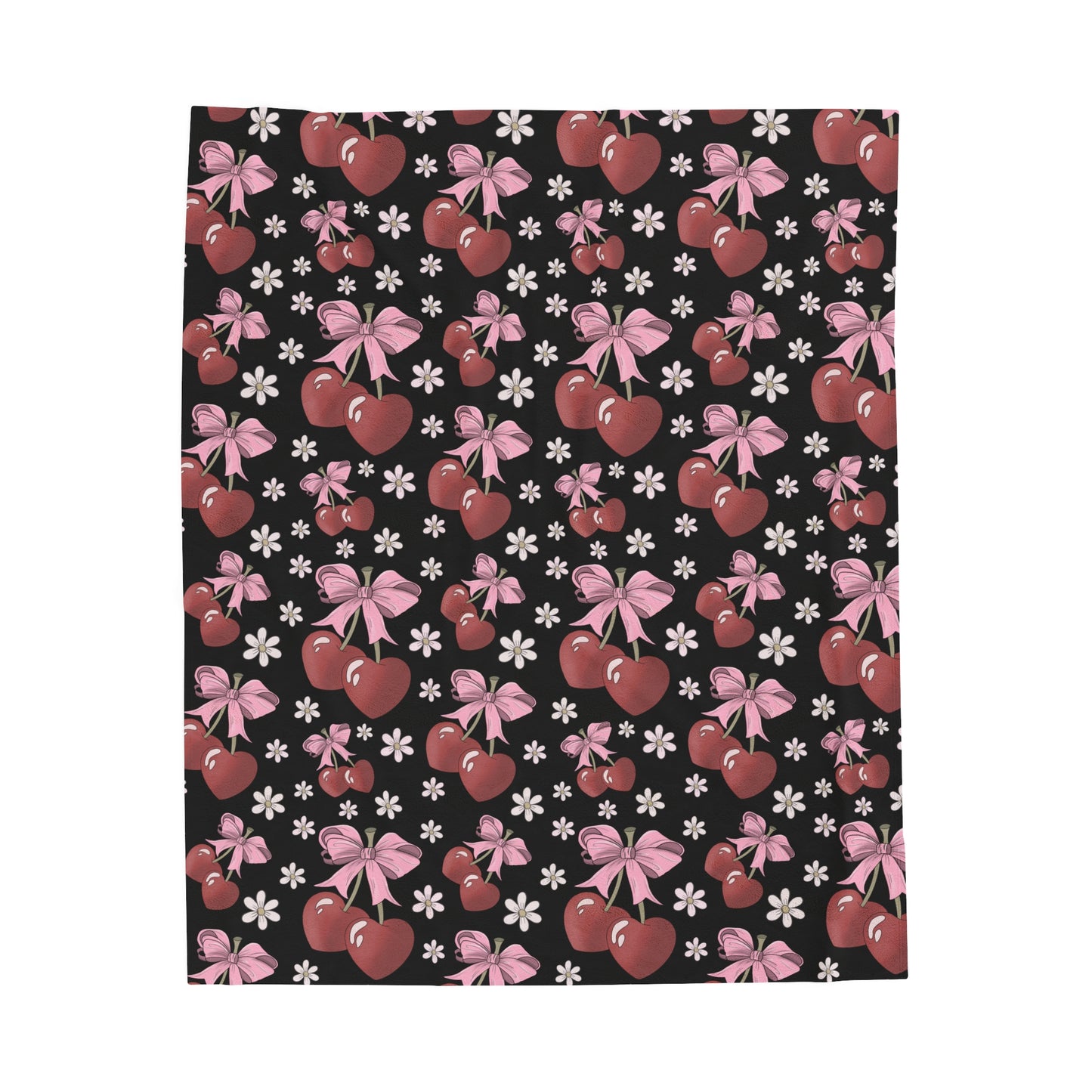 Velveteen Plush Blanket - Heart Cherries & Bows Design - 3 sizes