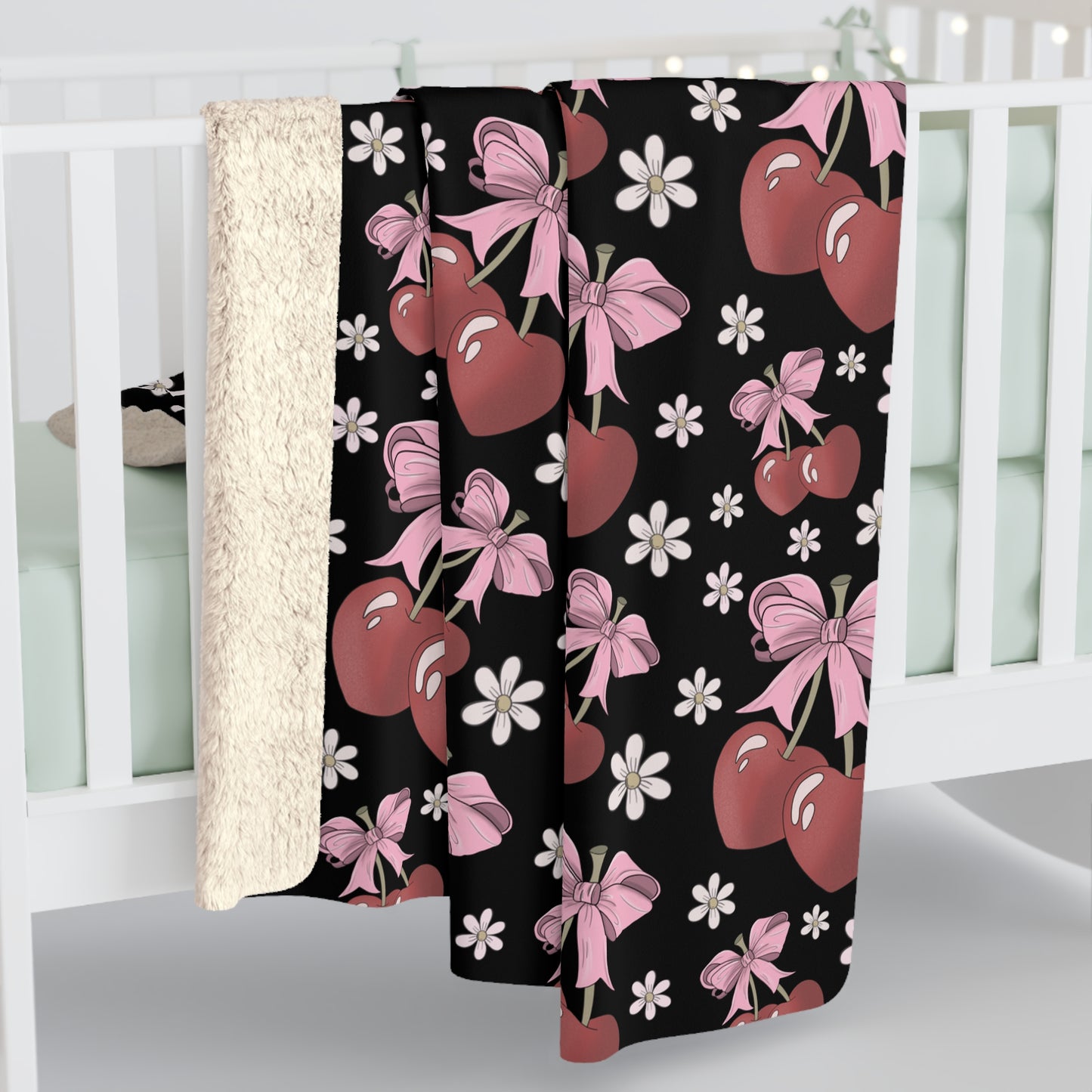 Sherpa Fleece Blanket, Heart Shaped Cherries and Bows, Warm and Cozy - 2 sizes
