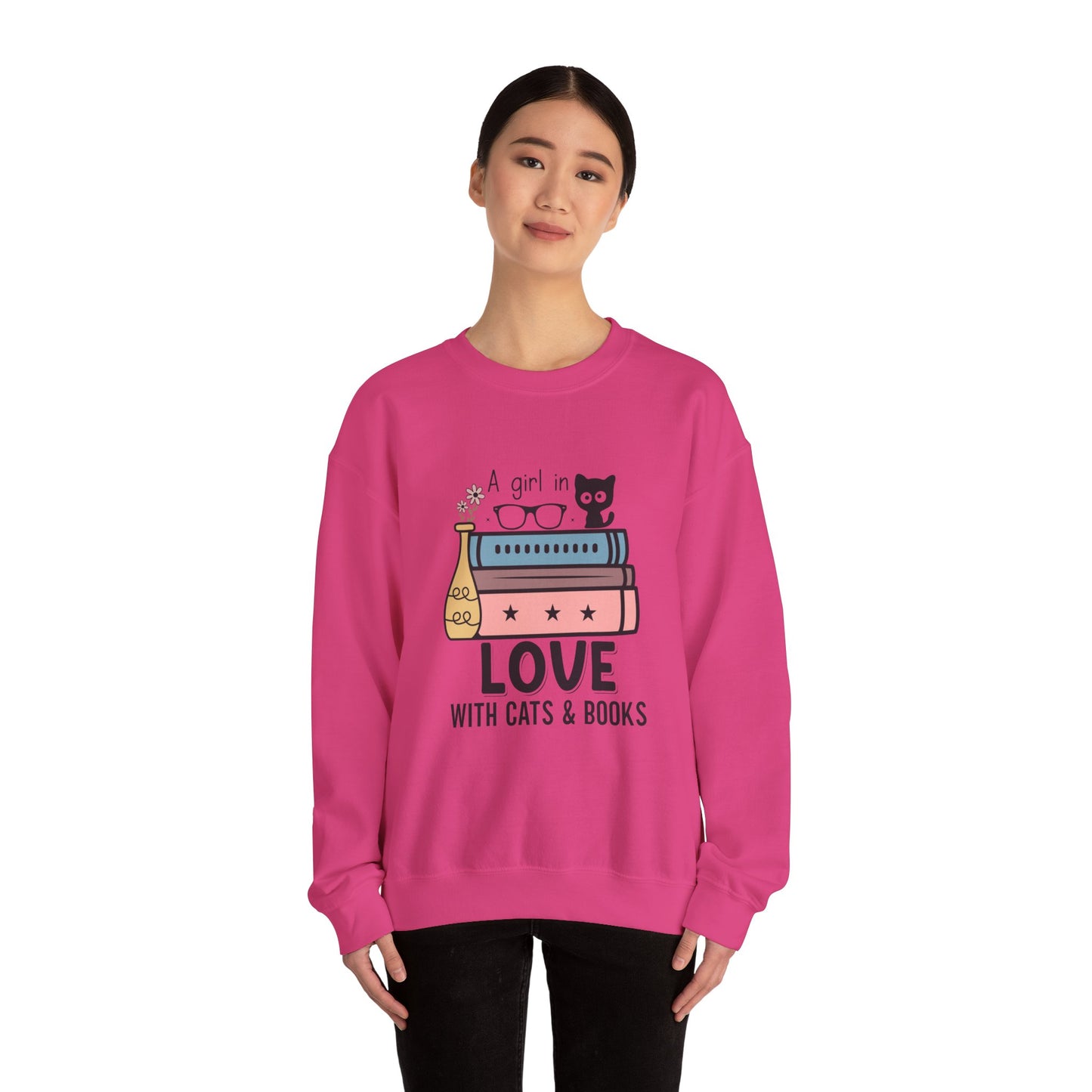 Just a Girl in Love with Cats and Books Unisex Heavy Blend™ Crewneck Sweatshirt - S - 3X sizes