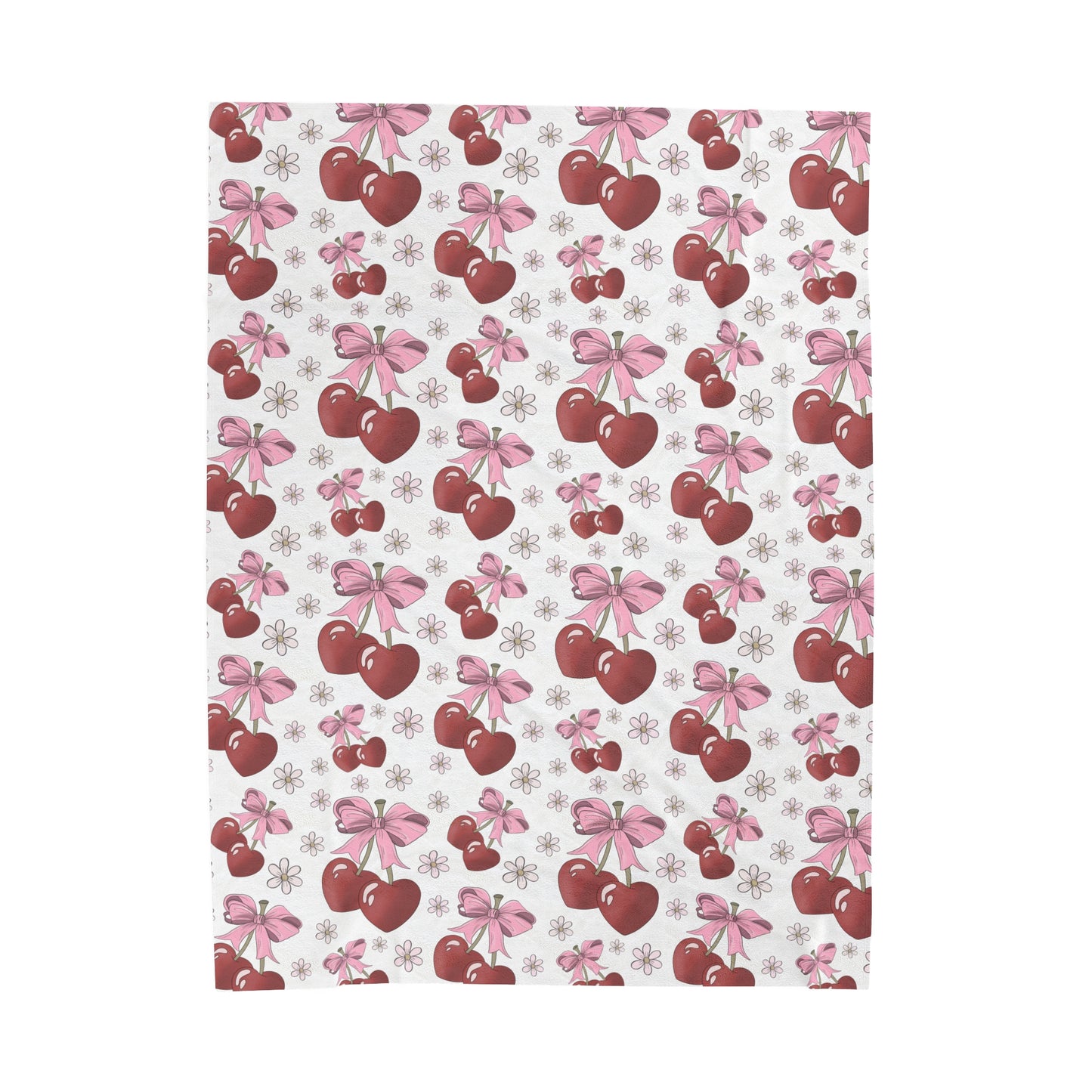 Velveteen Plush Blanket - Heart Cherries & Bows Design - 3 sizes