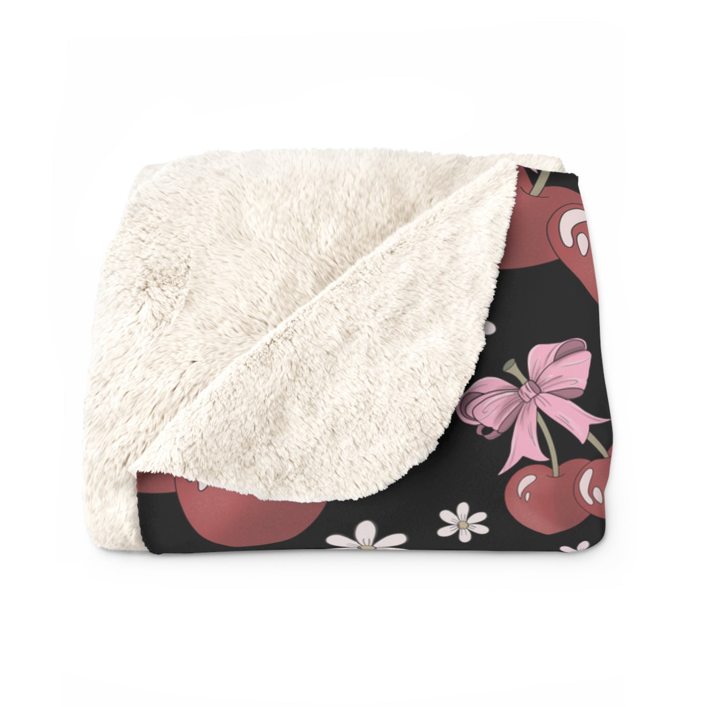 Sherpa Fleece Blanket, Heart Shaped Cherries and Bows, Warm and Cozy - 2 sizes