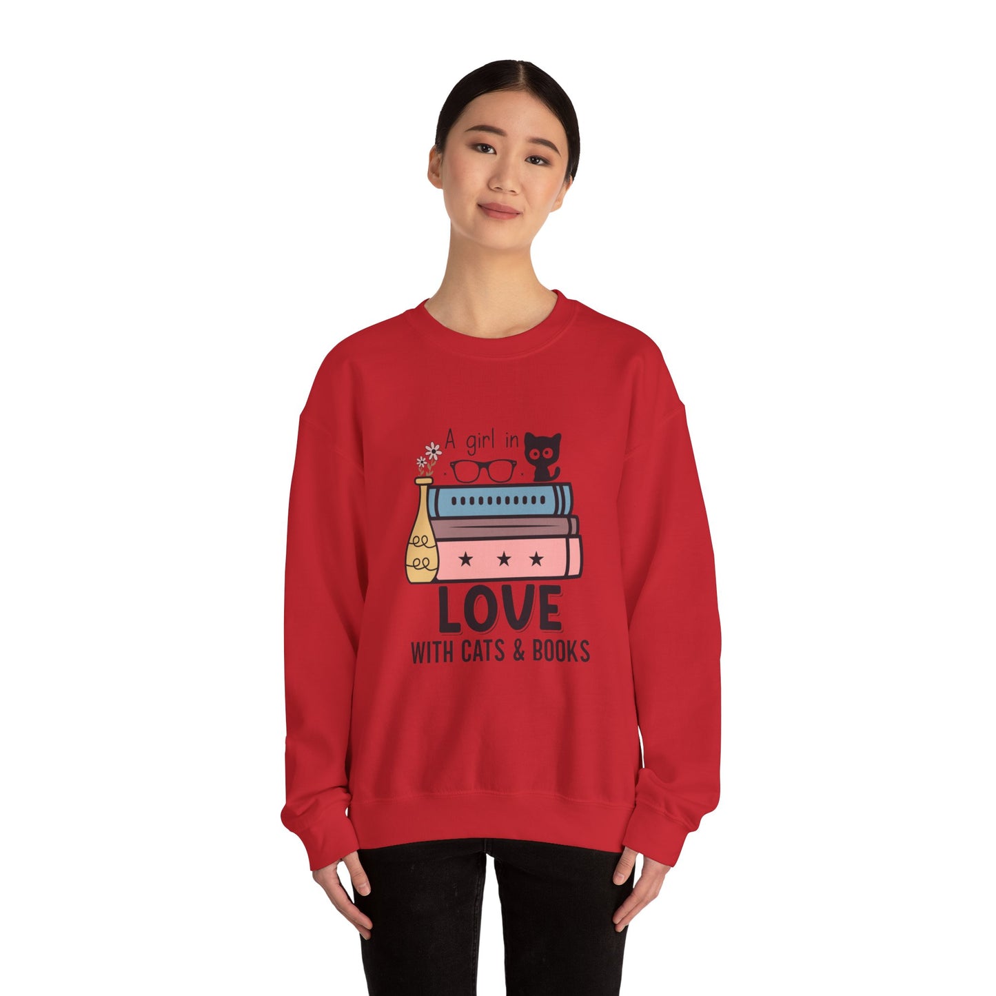 Just a Girl in Love with Cats and Books Unisex Heavy Blend™ Crewneck Sweatshirt - S - 3X sizes