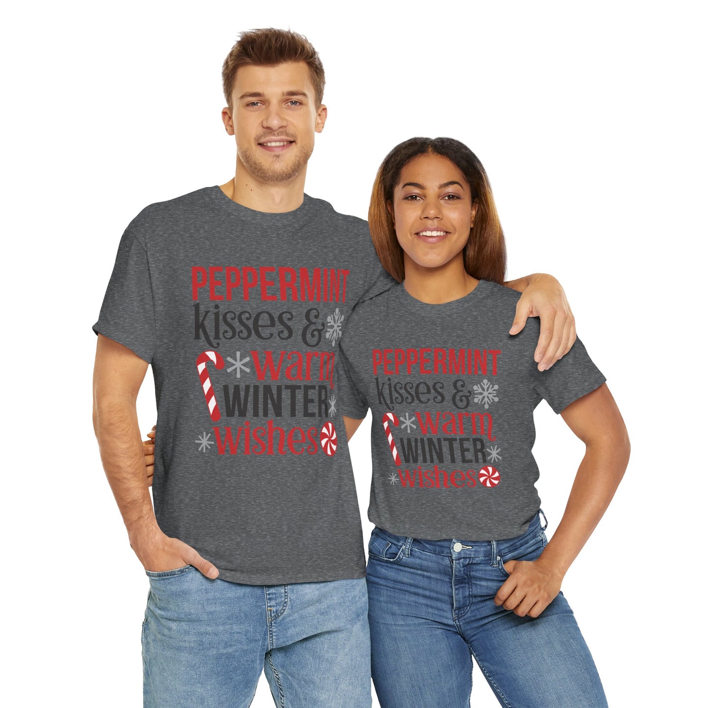Peppermint Kisses and warm Winter wishes Unisex Heavy Cotton T-shirt - Christmas Winter Fun Cute Holiday Tee - sizes S - 3X