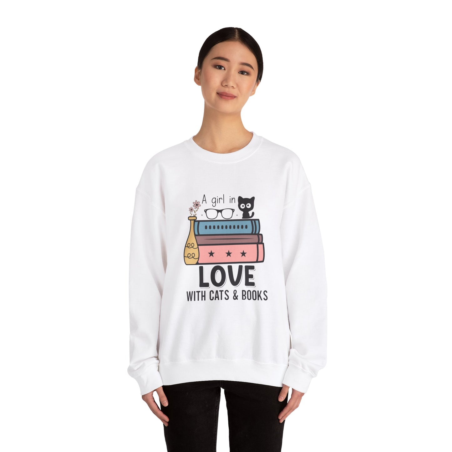 Just a Girl in Love with Cats and Books Unisex Heavy Blend™ Crewneck Sweatshirt - S - 3X sizes