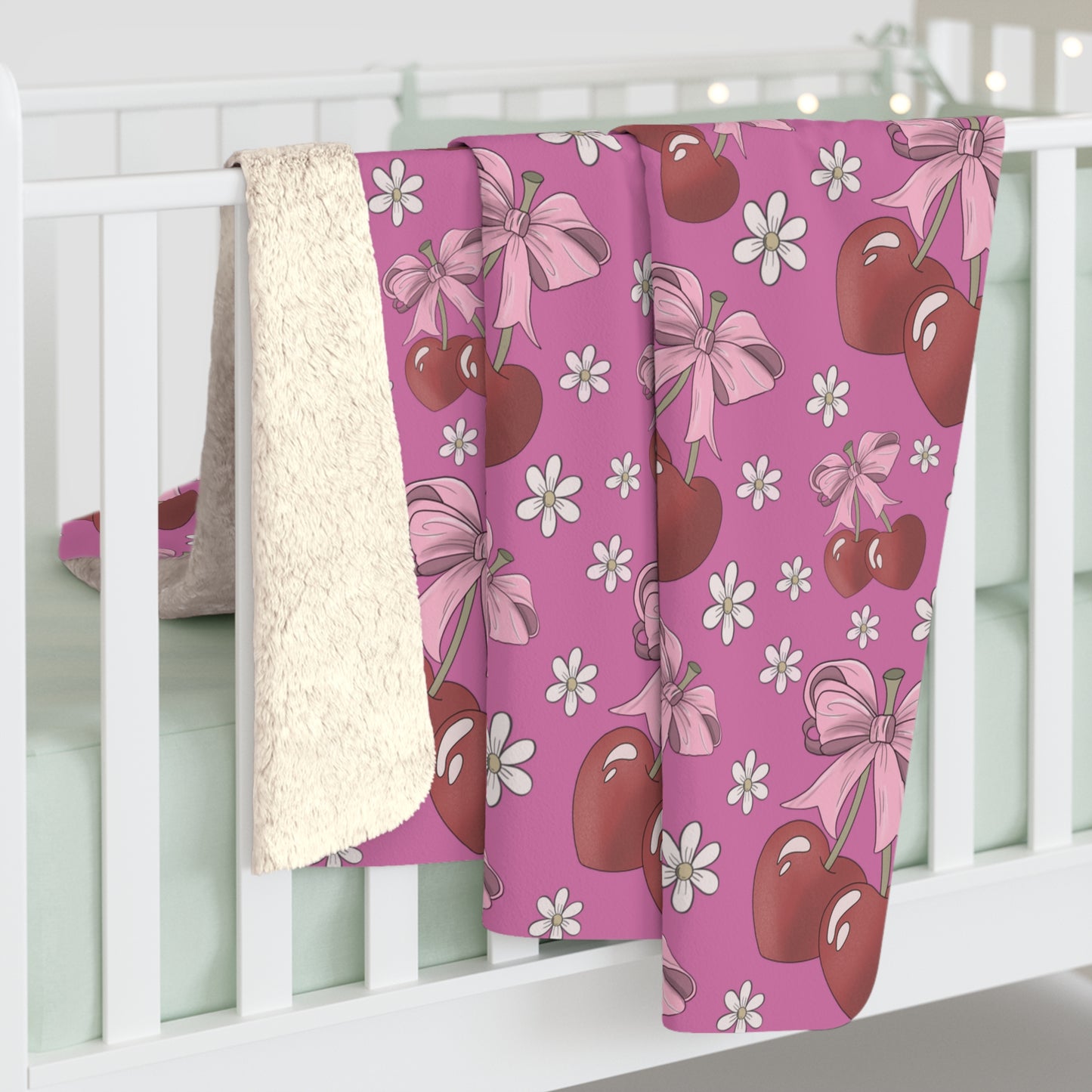 Sherpa Fleece Blanket, Heart Shaped Cherries and Bows, Warm and Cozy - 2 sizes