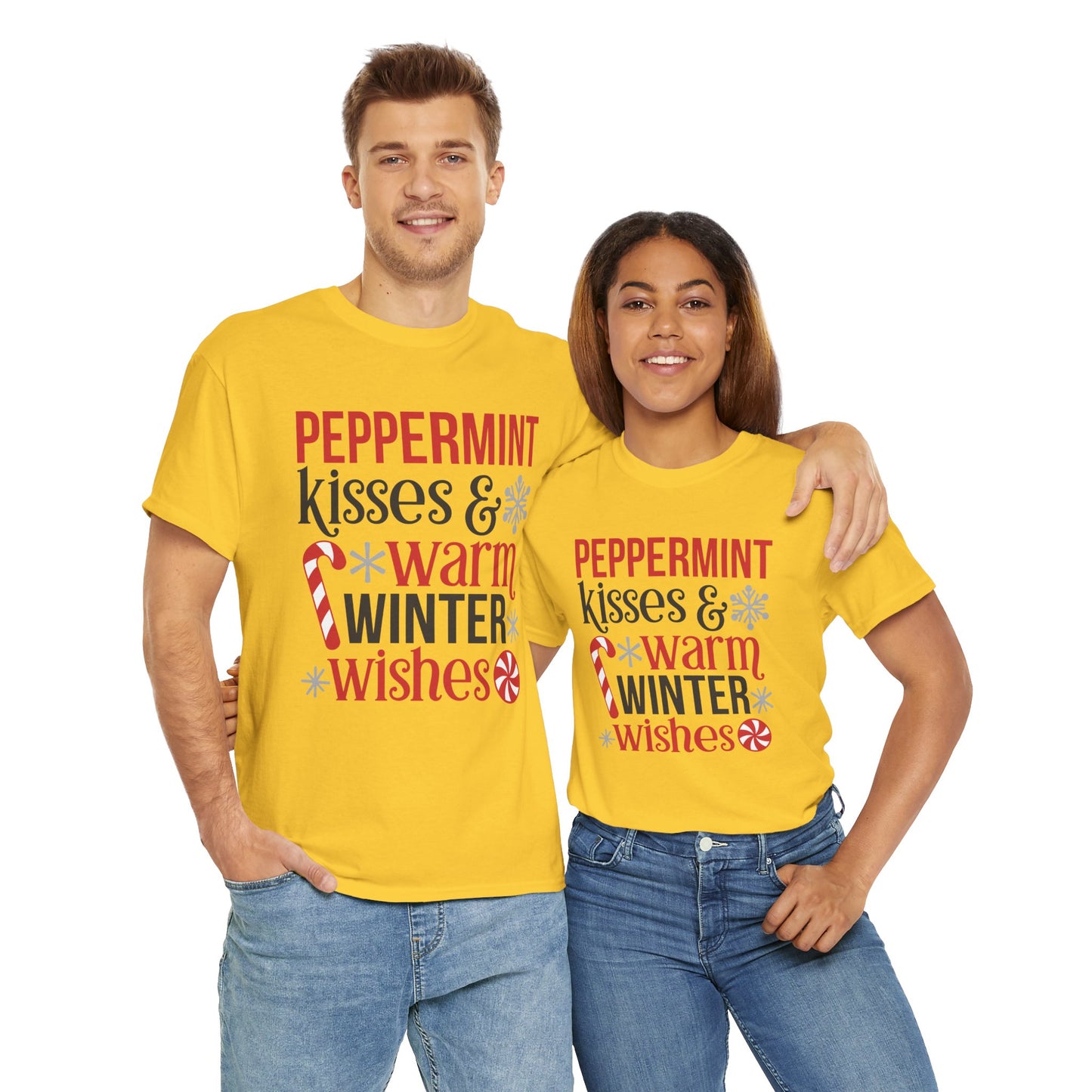 Peppermint Kisses and warm Winter wishes Unisex Heavy Cotton T-shirt - Christmas Winter Fun Cute Holiday Tee - sizes S - 3X