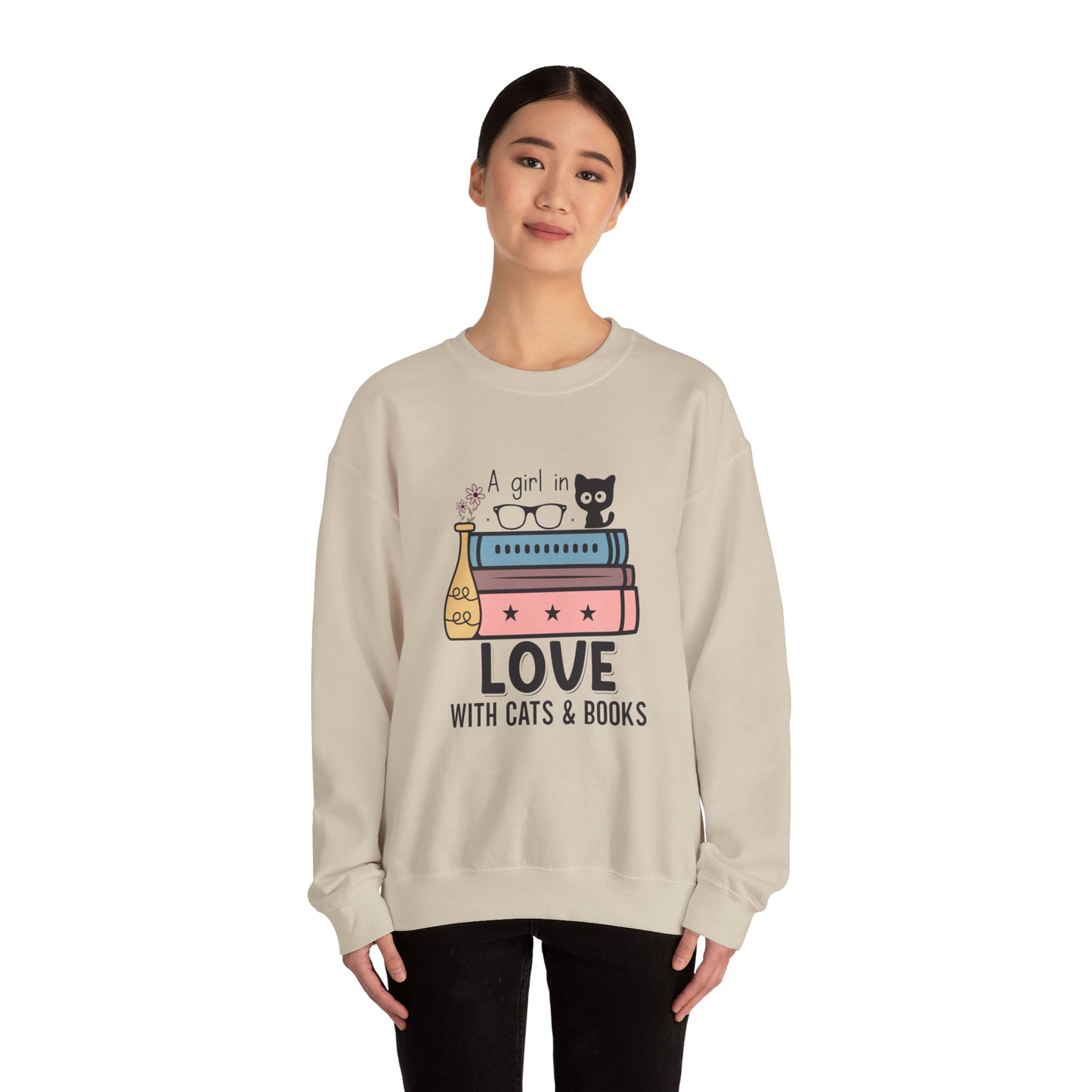 Just a Girl in Love with Cats and Books Unisex Heavy Blend™ Crewneck Sweatshirt - S - 3X sizes