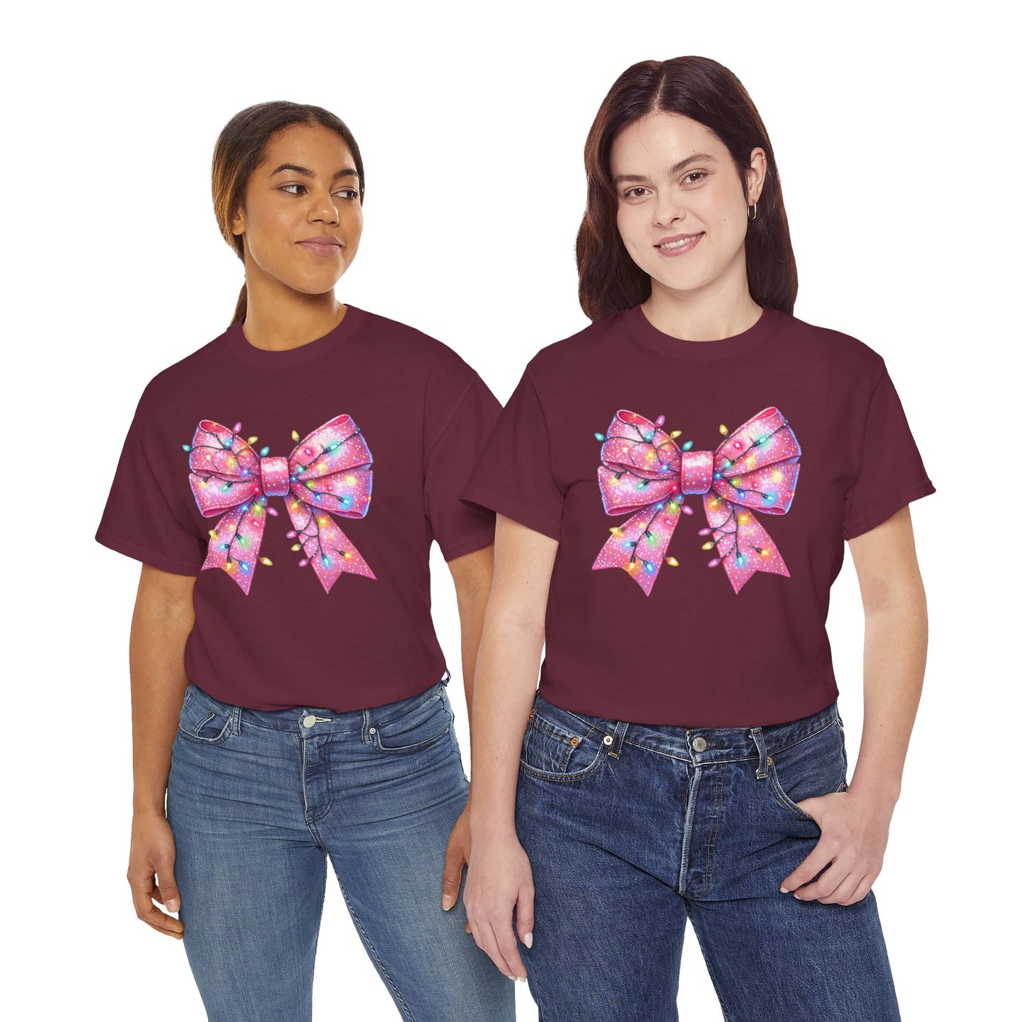 Pink Christmas Bow with lights Unisex Heavy Cotton Tee - sizes S - 5X