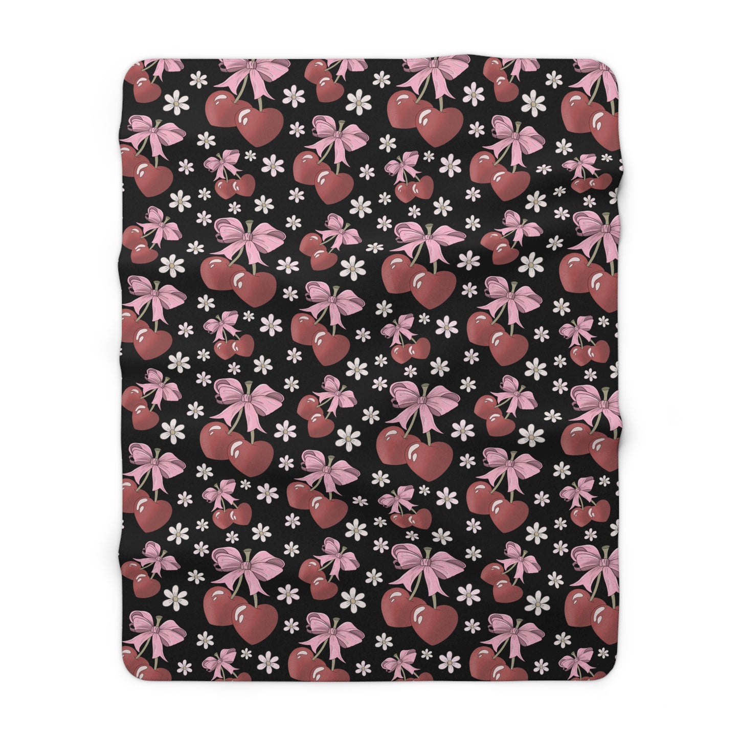 Sherpa Fleece Blanket, Heart Shaped Cherries and Bows, Warm and Cozy - 2 sizes