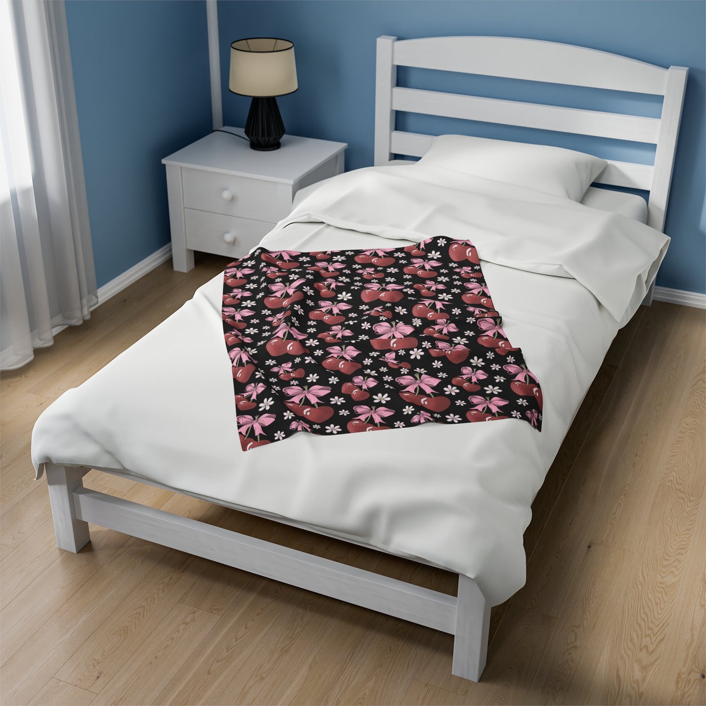 Velveteen Plush Blanket - Heart Cherries & Bows Design - 3 sizes