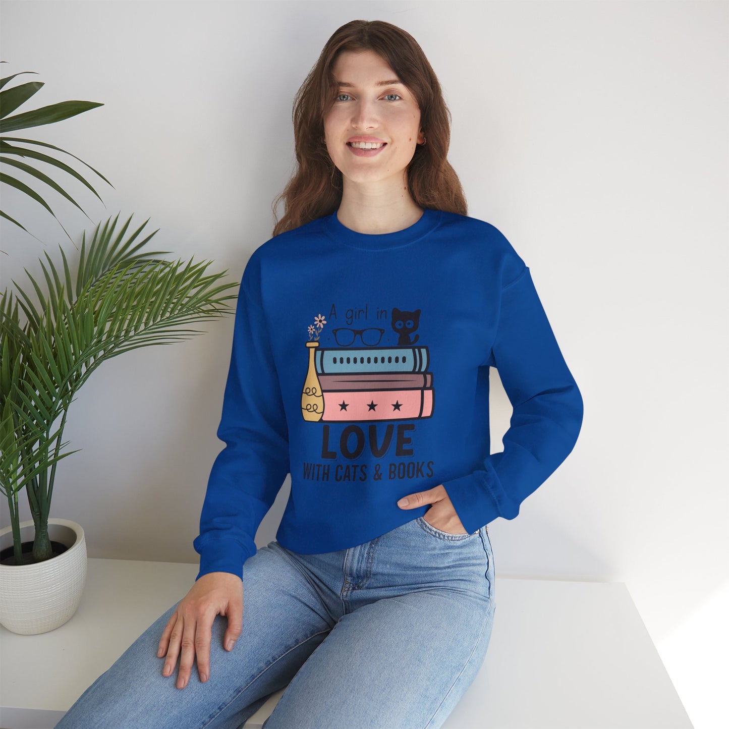 Just a Girl in Love with Cats and Books Unisex Heavy Blend™ Crewneck Sweatshirt - S - 3X sizes