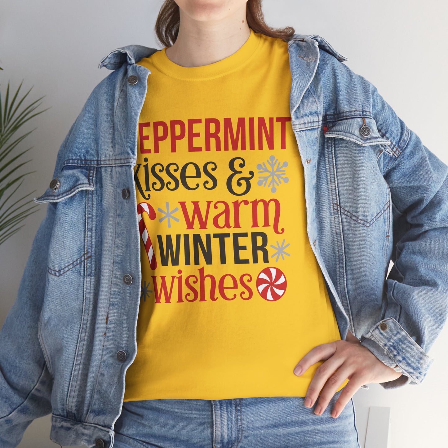 Peppermint Kisses and warm Winter wishes Unisex Heavy Cotton T-shirt - Christmas Winter Fun Cute Holiday Tee - sizes S - 3X