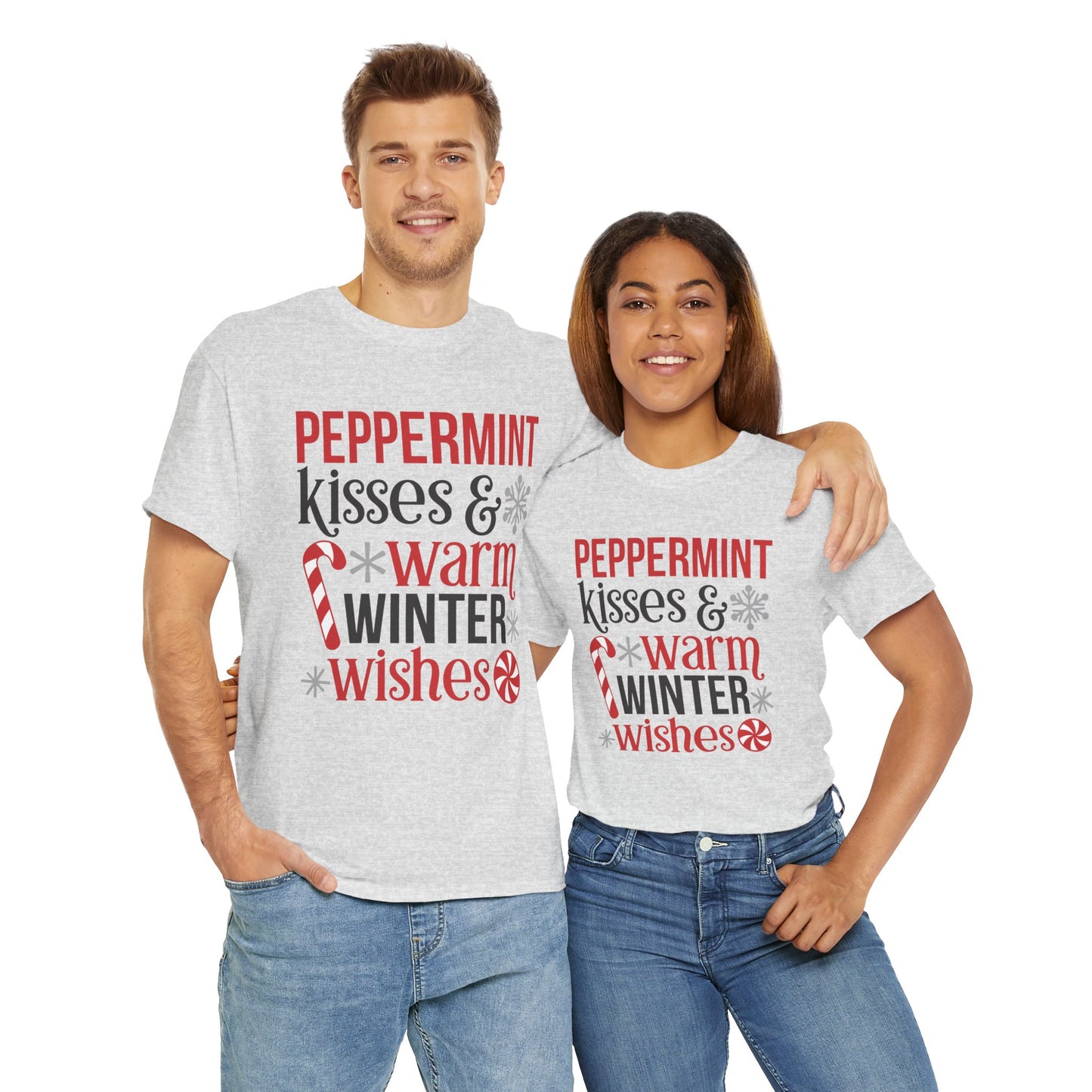 Peppermint Kisses and warm Winter wishes Unisex Heavy Cotton T-shirt - Christmas Winter Fun Cute Holiday Tee - sizes S - 3X