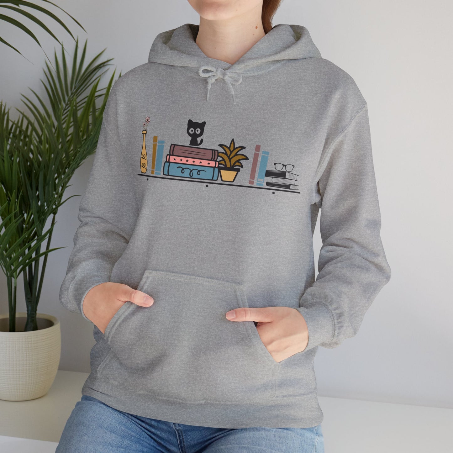 Unisex Heavy Blend™ Hooded Sweatshirt - cut cat sitting on shelf with books - S - 5X