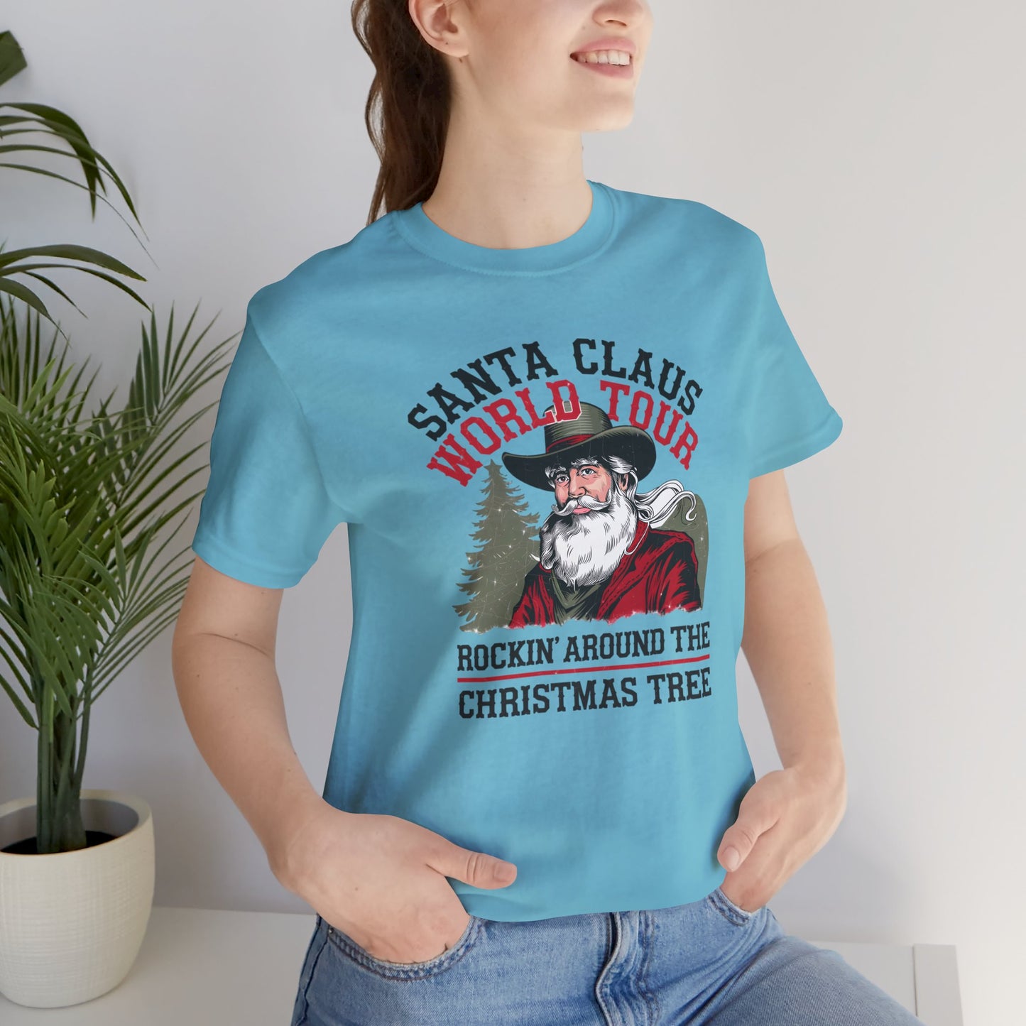Santa's World Tour Rocking around the Christmas Tree Unisex Jersey Short Sleeve Tee - sizes S - 3X