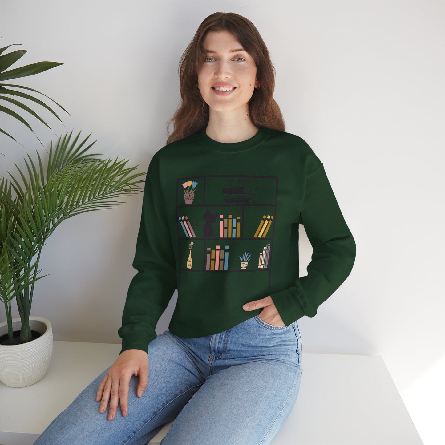 Unisex Heavy Blend™ Crewneck Sweatshirt - cute bookshelf with cat - sizes S - 3X