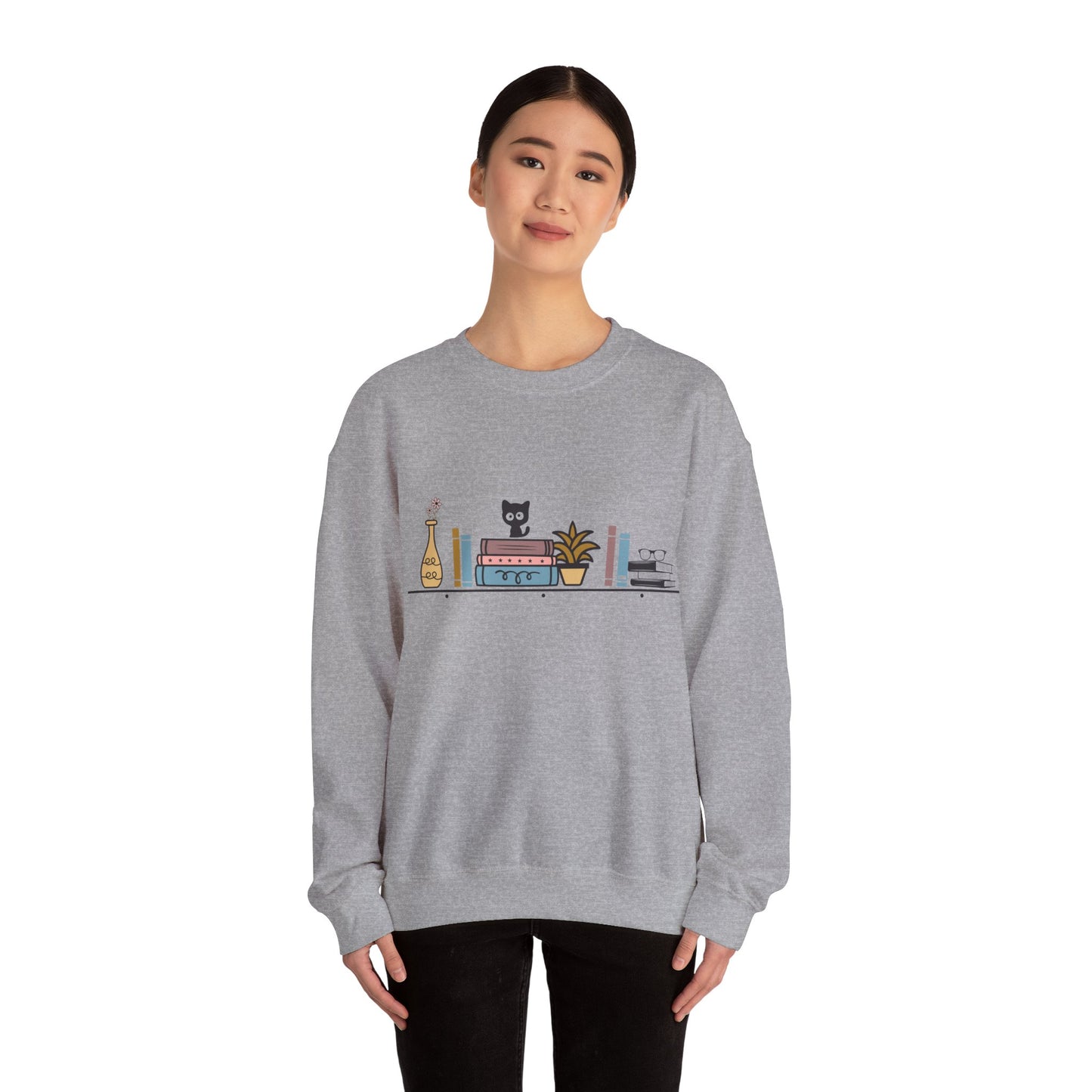 Unisex Heavy Blend™ Crewneck Sweatshirt - Cute cat and books on shelf - sizes S - 5X